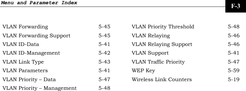 Menu and Parameter Index     F-3 VLAN Forwarding  5-45 VLAN Forwarding Support  5-45 VLAN ID-Data  5-41 VLAN ID-Management  5-42 VLAN Link Type  5-43 VLAN Parameters  5-41 VLAN Priority – Data  5-47 VLAN Priority – Management  5-48 VLAN Priority Threshold  5-48 VLAN Relaying  5-46 VLAN Relaying Support  5-46 VLAN Support  5-41 VLAN Traffic Priority  5-47 WEP Key  5-59 Wireless Link Counters  5-19   