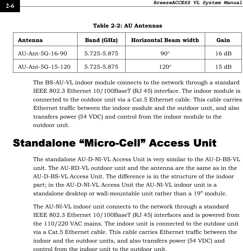 BreezeACCESS VL System Manual    2-6 Table 2-2: AU Antennas Antenna  Band (GHz)  Horizontal Beam width  Gain AU-Ant-5G-16-90 5.725-5.875   90° 16 dB AU-Ant-5G-15-120 5.725-5.875  120° 15 dB The BS-AU-VL indoor module connects to the network through a standard IEEE 802.3 Ethernet 10/100BaseT (RJ 45) interface. The indoor module is connected to the outdoor unit via a Cat.5 Ethernet cable. This cable carries Ethernet traffic between the indoor module and the outdoor unit, and also transfers power (54 VDC) and control from the indoor module to the outdoor unit.  Standalone “Micro-Cell” Access Unit The standalone AU-D-NI-VL Access Unit is very similar to the AU-D-BS-VL unit. The AU-RD-VL outdoor unit and the antenna are the same as in the AU-D-BS-VL Access Unit. The difference is in the structure of the indoor part; in the AU-D-NI-VL Access Unit the AU-NI-VL indoor unit is a standalone desktop or wall-mountable unit rather than a 19” module. The AU-NI-VL indoor unit connects to the network through a standard IEEE 802.3 Ethernet 10/100BaseT (RJ 45) interfaces and is powered from the 110/220 VAC mains. The indoor unit is connected to the outdoor unit via a Cat.5 Ethernet cable. This cable carries Ethernet traffic between the indoor and the outdoor units, and also transfers power (54 VDC) and control from the indoor unit to the outdoor unit. 