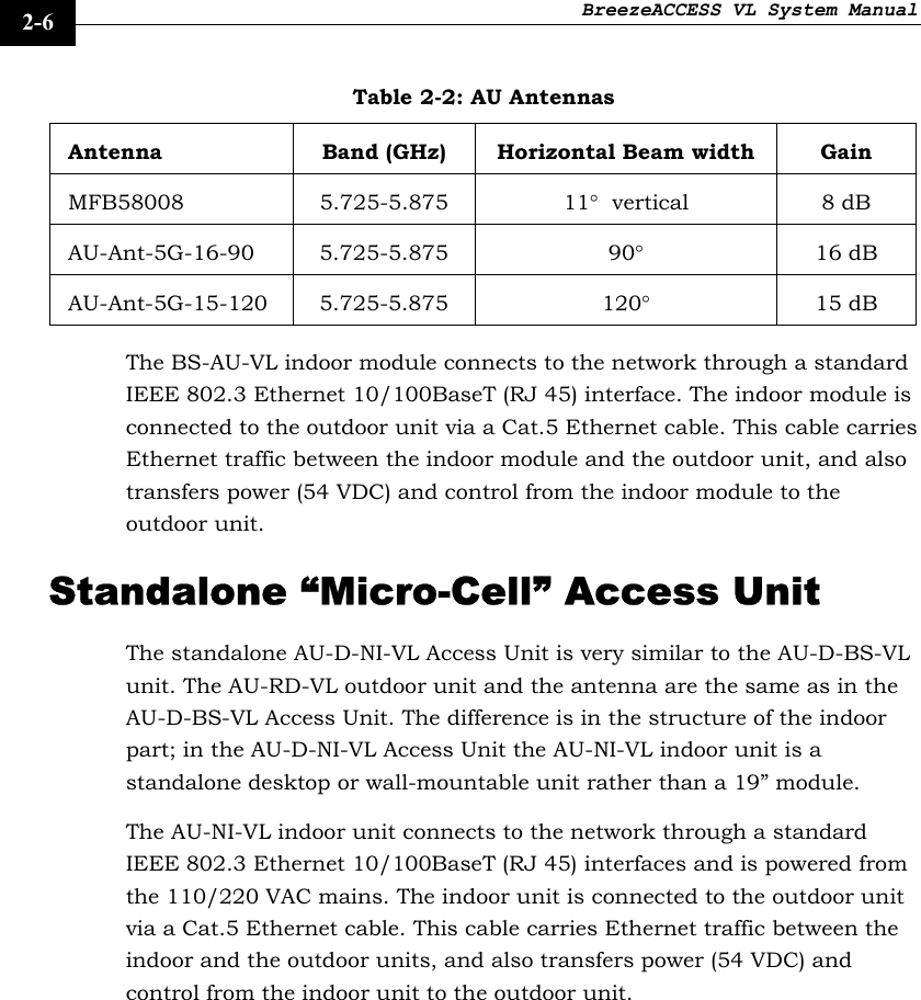 BreezeACCESS VL System Manual    2-6 Table 2-2: AU Antennas Antenna  Band (GHz)  Horizontal Beam width  Gain MFB58008 5.725-5.875 11°  vertical  8 dB AU-Ant-5G-16-90 5.725-5.875   90° 16 dB AU-Ant-5G-15-120 5.725-5.875  120° 15 dB The BS-AU-VL indoor module connects to the network through a standard IEEE 802.3 Ethernet 10/100BaseT (RJ 45) interface. The indoor module is connected to the outdoor unit via a Cat.5 Ethernet cable. This cable carries Ethernet traffic between the indoor module and the outdoor unit, and also transfers power (54 VDC) and control from the indoor module to the outdoor unit.  Standalone “Micro-Cell” Access Unit The standalone AU-D-NI-VL Access Unit is very similar to the AU-D-BS-VL unit. The AU-RD-VL outdoor unit and the antenna are the same as in the AU-D-BS-VL Access Unit. The difference is in the structure of the indoor part; in the AU-D-NI-VL Access Unit the AU-NI-VL indoor unit is a standalone desktop or wall-mountable unit rather than a 19” module. The AU-NI-VL indoor unit connects to the network through a standard IEEE 802.3 Ethernet 10/100BaseT (RJ 45) interfaces and is powered from the 110/220 VAC mains. The indoor unit is connected to the outdoor unit via a Cat.5 Ethernet cable. This cable carries Ethernet traffic between the indoor and the outdoor units, and also transfers power (54 VDC) and control from the indoor unit to the outdoor unit. 