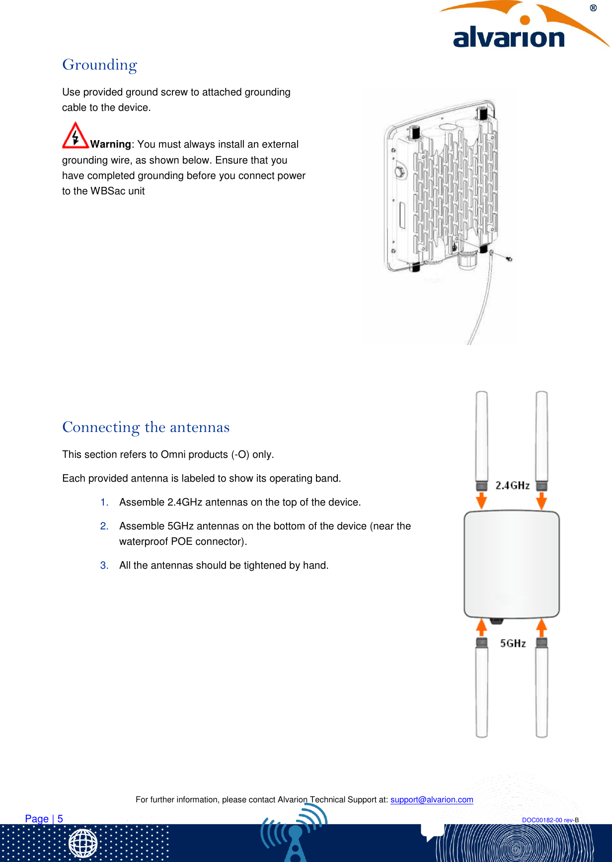    For further information, please contact Alvarion Technical Support at: support@alvarion.com Page | 5                                                                                                                                                                DOC00182-00 rev-B Grounding Use provided ground screw to attached grounding cable to the device. Warning: You must always install an external grounding wire, as shown below. Ensure that you have completed grounding before you connect power to the WBSac unit        Connecting the antennas This section refers to Omni products (-O) only. Each provided antenna is labeled to show its operating band. 1. Assemble 2.4GHz antennas on the top of the device. 2. Assemble 5GHz antennas on the bottom of the device (near the waterproof POE connector). 3. All the antennas should be tightened by hand.        