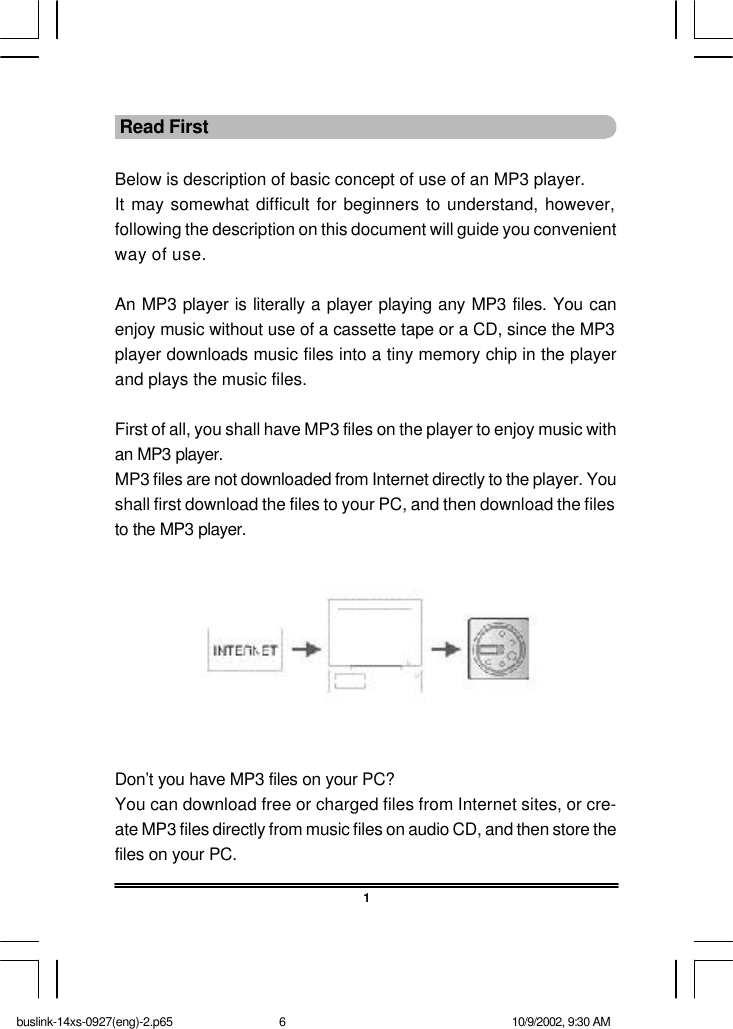  Read FirstBelow is description of basic concept of use of an MP3 player.It may somewhat difficult for beginners to understand, however,following the description on this document will guide you convenientway of use.An MP3 player is literally a player playing any MP3 files. You canenjoy music without use of a cassette tape or a CD, since the MP3player downloads music files into a tiny memory chip in the playerand plays the music files.First of all, you shall have MP3 files on the player to enjoy music withan MP3 player.MP3 files are not downloaded from Internet directly to the player. Youshall first download the files to your PC, and then download the filesto the MP3 player.Don’t you have MP3 files on your PC?You can download free or charged files from Internet sites, or cre-ate MP3 files directly from music files on audio CD, and then store thefiles on your PC.1buslink-14xs-0927(eng)-2.p65 10/9/2002, 9:30 AM6