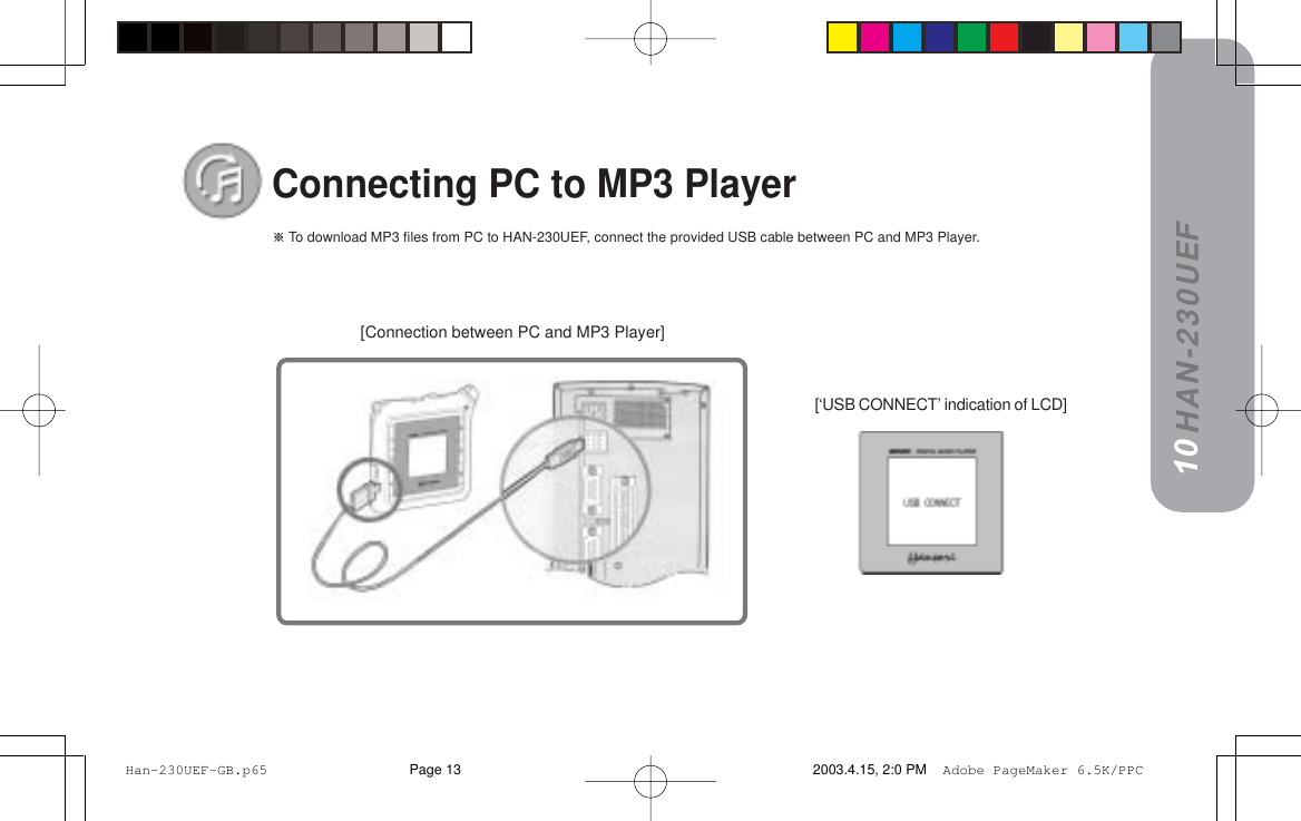 HAN-230UEFConnecting PC to MP3 Player=To download MP3 files from PC to HAN-230UEF, connect the provided USB cable between PC and MP3 Player.10[Connection between PC and MP3 Player] [‘USB CONNECT’ indication of LCD] Han-230UEF-GB.p65 2003.4.15, 2:0 PMPage 13 Adobe PageMaker 6.5K/PPC