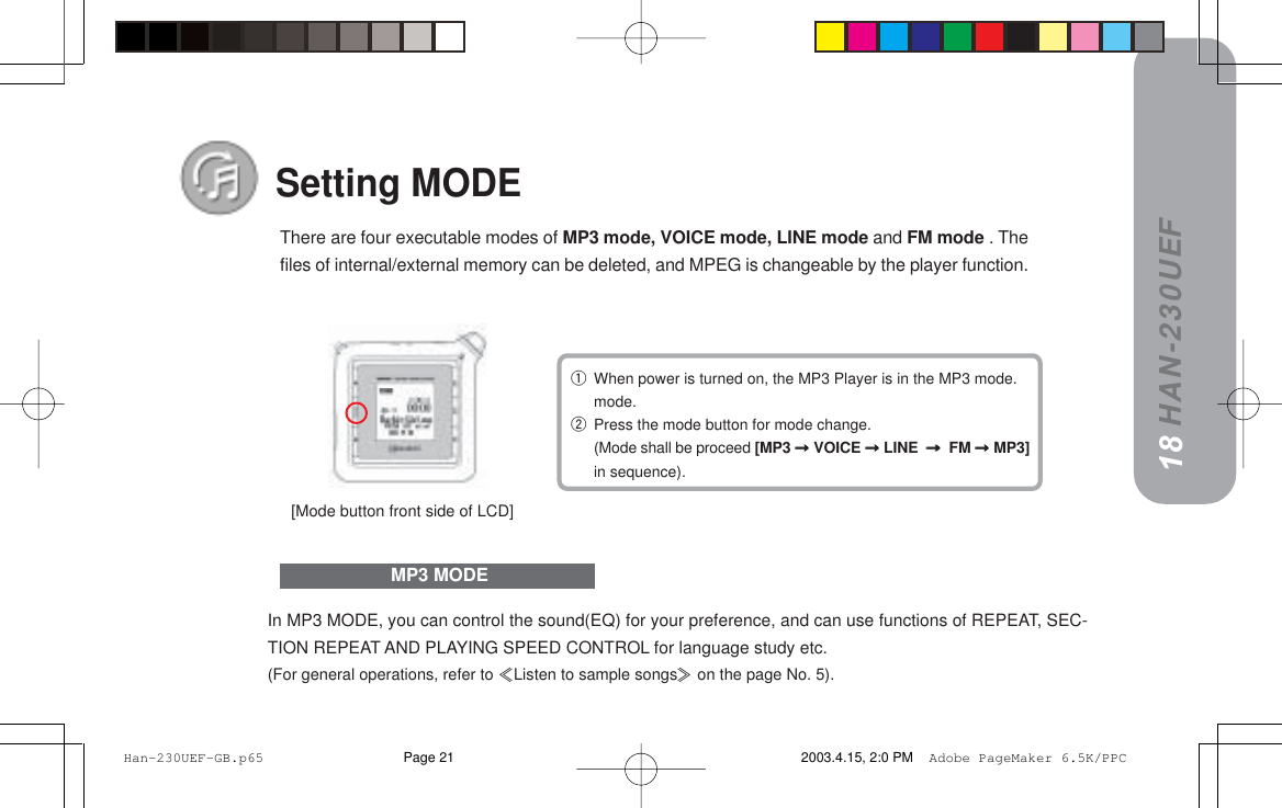 HAN-230UEFSetting MODEThere are four executable modes of MP3 mode, VOICE mode, LINE mode and FM mode . Thefiles of internal/external memory can be deleted, and MPEG is changeable by the player function.In MP3 MODE, you can control the sound(EQ) for your preference, and can use functions of REPEAT, SEC-TION REPEAT AND PLAYING SPEED CONTROL for language study etc.(For general operations, refer to Listen to sample songs on the page No. 5).[Mode button front side of LCD]17 MP3 MODE18qWhen power is turned on, the MP3 Player is in the MP3 mode.mode.wPress the mode button for mode change.(Mode shall be proceed [MP3==========VOICE==========LINE ========== FM==========MP3]in sequence). Han-230UEF-GB.p65 2003.4.15, 2:0 PMPage 21 Adobe PageMaker 6.5K/PPC