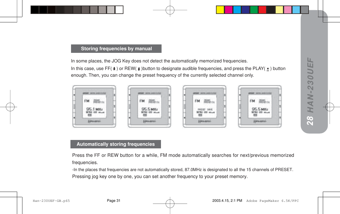 HAN-230UEFPress the FF or REW button for a while, FM mode automatically searches for next/previous memorizedfrequencies.-In the places that frequencies are not automatically stored, 87.0MHz is designated to all the 15 channels of PRESET.Pressing jog key one by one, you can set another frequency to your preset memory.28Storing frequencies by manual========== =====     =====^rql=p`^k^rql=p`^k^rql=p`^k^rql=p`^k^rql=p`^kAutomatically storing frequencies27In some places, the JOG Key does not detect the automatically memorized frequencies.In this case, use FF(   ) or REW(   )button to designate audible frequencies, and press the PLAY(   ) buttonenough. Then, you can change the preset frequency of the currently selected channel only. Han-230UEF-GB.p65 2003.4.15, 2:1 PMPage 31 Adobe PageMaker 6.5K/PPC