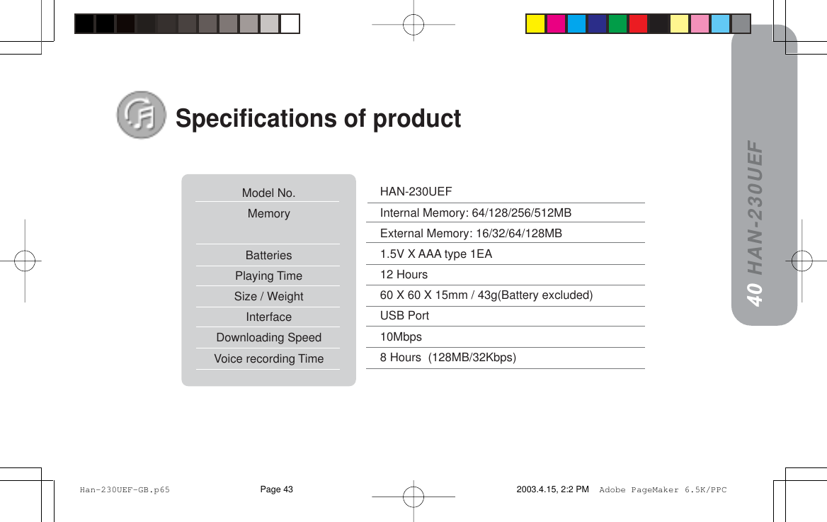 HAN-230UEF4039Specifications of productModel No.MemoryBatteriesPlaying TimeSize / WeightInterfaceDownloading SpeedVoice recording TimeHAN-230UEFInternal Memory: 64/128/256/512MBExternal Memory: 16/32/64/128MB1.5V X AAA type 1EA12 Hours60 X 60 X 15mm / 43g(Battery excluded)USB Port10Mbps8 Hours  (128MB/32Kbps) Han-230UEF-GB.p65 2003.4.15, 2:2 PMPage 43 Adobe PageMaker 6.5K/PPC