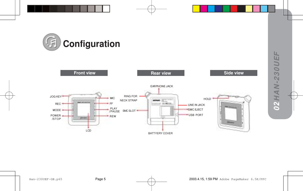 HAN-230UEFConfiguration02 Front view Rear view Side vieweliaBATTYERY COVERSMC SLOT =pj`=bgb`qi`aob`jlabmltboLpqlmgld=hbv jf`cc=mi^vLm^rpbobt =rp_=mloqb^omelkb=g^`h=ifkb=fk=g^`hRING FORNECK STRAP Han-230UEF-GB.p65 2003.4.15, 1:59 PMPage 5 Adobe PageMaker 6.5K/PPC