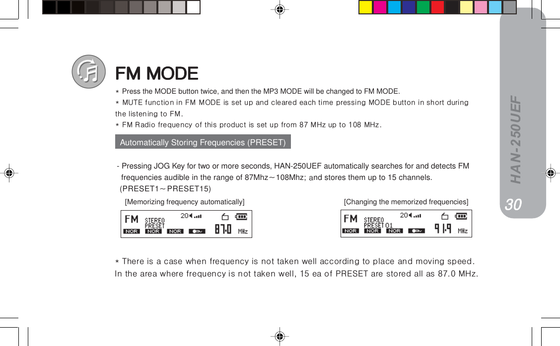 HAN-250UEFcj=jlabcj=jlabcj=jlabcj=jlabcj=jlabG=Press the MODE button twice, and then the MP3 MODE will be changed to FM MODE.G=jrqb=ÑìåÅíáçå=áå=cj=jlab=áë=ëÉí=ìé=~åÇ=ÅäÉ~êÉÇ=É~ÅÜ=íáãÉ=éêÉëëáåÖ=jlab=Äìííçå=áå=ëÜçêí=ÇìêáåÖíÜÉ=äáëíÉåáåÖ=íç=cjKG=cj=o~Çáç=ÑêÉèìÉåÅó=çÑ=íÜáë=éêçÇìÅí=áë=ëÉí=ìé=Ñêçã=UT=jeò=ìé=íç=NMU=jeòKOVOVOVOVOV PMPMPMPMPM- Pressing JOG Key for two or more seconds, HAN-250UEF automatically searches for and detects FMfrequencies audible in the range of 87Mhz108Mhz;=~nd stores them up to 15 channels. (PRESET1PRESET15)Automatically Storing Frequencies (PRESET)[Memorizing frequency automatically]       [Changing the memorized frequencies]G=qÜÉêÉ=áë=~=Å~ëÉ=ïÜÉå=ÑêÉèìÉåÅó=áë=åçí=í~âÉå=ïÉää=~ÅÅçêÇáåÖ=íç=éä~ÅÉ=~åÇ=ãçîáåÖ=ëéÉÉÇKfå=íÜÉ=~êÉ~=ïÜÉêÉ=ÑêÉèìÉåÅó=áë=åçí=í~âÉå=ïÉääI=NR=É~=çÑ=mobpbq=~êÉ=ëíçêÉÇ=~ää=~ë=UTKM=jeòK