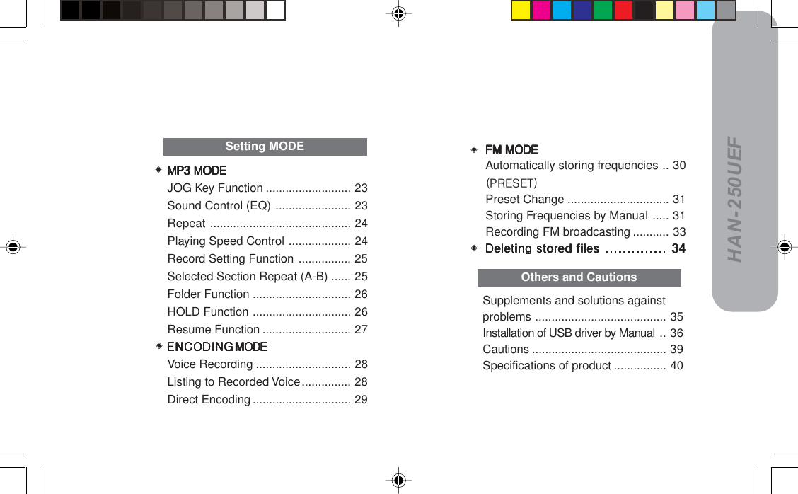 HAN-250UEFSupplements and solutions againstproblems ........................................ 35Installation of USB driver by Manual .. 36Cautions ......................................... 39Specifications of product ................ 40jmP=jlabjmP=jlabjmP=jlabjmP=jlabjmP=jlabJOG Key Function .......................... 23Sound Control (EQ) ....................... 23Repeat ........................................... 24Playing Speed Control ................... 24Record Setting Function ................ 25Selected Section Repeat (A-B) ...... 25Folder Function .............................. 26HOLD Function .............................. 26Resume Function ........................... 27bk`lafkdbk`lafkdbk`lafkdbk`lafkdbk`lafkd=====jlabjlabjlabjlabjlabVoice Recording ............................. 28Listing to Recorded Voice............... 28Direct Encoding .............................. 29Setting MODE cj=jlabcj=jlabcj=jlabcj=jlabcj=jlabAutomatically storing frequencies .. 30EmobpbqFPreset Change ............................... 31Storing Frequencies by Manual ..... 31Recording FM broadcasting ........... 33aÉäÉíáåÖ=ëíçêÉÇ=ÑáäÉëaÉäÉíáåÖ=ëíçêÉÇ=ÑáäÉëaÉäÉíáåÖ=ëíçêÉÇ=ÑáäÉëaÉäÉíáåÖ=ëíçêÉÇ=ÑáäÉëaÉäÉíáåÖ=ëíçêÉÇ=ÑáäÉë KKKKKKKKKKKKKKKKKKKKKKKKKKKKKKKKKKKKKKKKKKKKKKKKKKKKKKKKKKKKKKKKKKKKKK PQPQPQPQPQOthers and Cautions