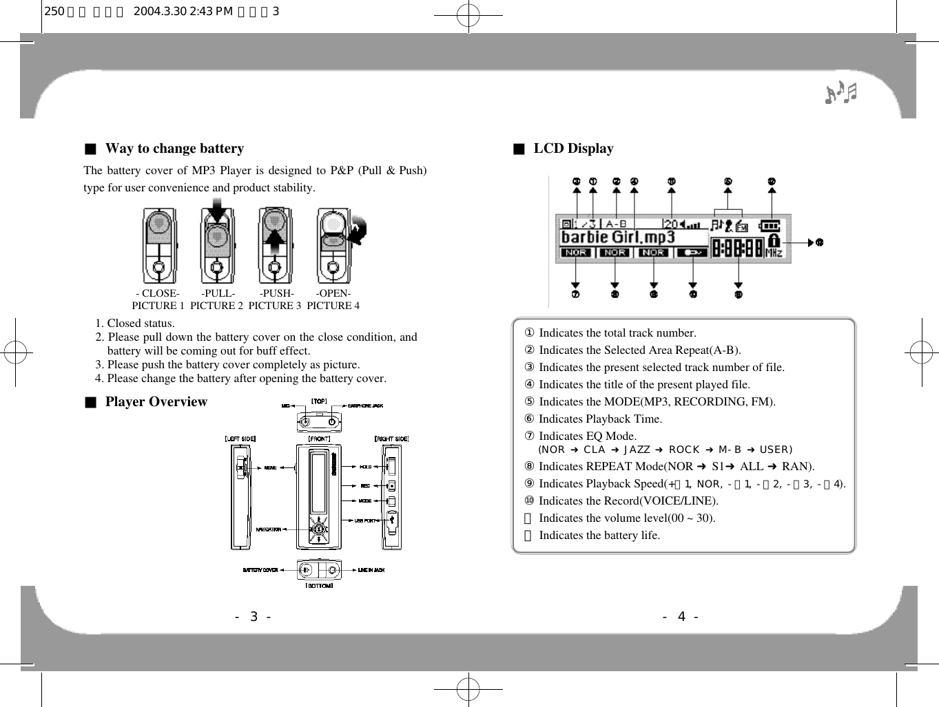 ■Way to change batteryThe battery cover of MP3 Player is designed to P&amp;P (Pull &amp;.Push)type for user convenience and product stability.■Player Overview- 3 -■LCD Display- 4 -1. Closed status.2. Please pull down the battery cover on the close condition, and2. battery will be coming out for buff effect.3. Please push the battery cover completely as picture.4. Please change the battery after opening the battery cover.PICTURE 1  PICTURE 2  PICTURE 3  PICTURE 4- CLOSE-        -PULL-         -PUSH-        -OPEN-  ①Indicates the total track number.②Indicates the Selected Area Repeat(A-B).③Indicates the present selected track number of file.④Indicates the title of the present played file.⑤Indicates the MODE(MP3, RECORDING, FM).⑥Indicates Playback Time.⑦Indicates EQ Mode.(NOR 󰦆 CLA 󰦆 JAZZ 󰦆 ROCK 󰦆 M-B 󰦆 U S E R )⑧Indicates REPEAT Mode(NOR 󰦆S1󰦆ALL 󰦆RAN).⑨Indicates Playback Speed(+ㅣ1, NOR, -ㅣ1, -ㅣ2, -ㅣ3, -ㅣ4).⑩Indicates the Record(VOICE/LINE).⑪Indicates the volume level(00 ~ 30).⑫Indicates the battery life.250 영문 메뉴얼  2004.3.30 2:43 PM  페이지3