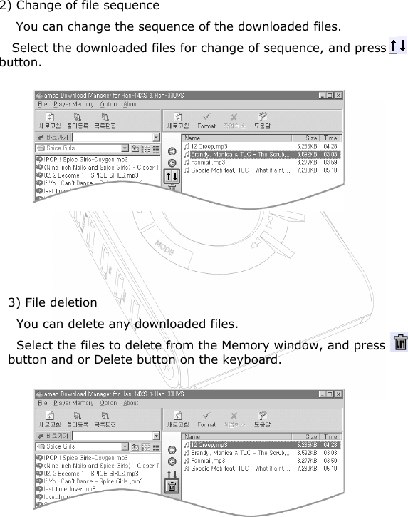 2) Change of file sequenceYou can change the sequence of the downloaded files.Select the downloaded files for change of sequence, and press   button.3) File deletionYou can delete any downloaded files.Select the files to delete from the Memory window, and press    button and or Delete button on the keyboard.