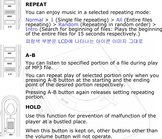 REPEATYou can enjoy music in a selected repeating mode:Normal &gt; 1 (Single file repeating) &gt; All (Entire files repeating) &gt; Random (Repeating in random order) &gt; Intro (Search for beginning of files: Plays the beginning of the entire files for 15 seconds respectively.)OPQ RST LCDU VWVX YLZ LMN [\CA-BYou can listen to specified portion of a file during play of MP3 file.You can repeat play of selected portion only when you pressing A-B button at the starting and the ending point of the desired portion respectively.Pressing A-B button again releases setting repeating portion.HOLDUse this function for prevention of malfunction of the player at a bustled place.When this button is kept on, other buttons other than the volume button will not operate.