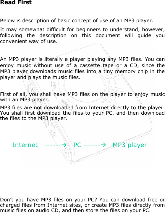 Read FirstRead FirstBelow is description of basic concept of use of an MP3 player.It may somewhat difficult for beginners to understand, however, following the description on this document will guide you convenient way of use.An MP3 player is literally a player playing any MP3 files. You can enjoy music without use of a cassette tape or a CD, since the MP3 player downloads music files into a tiny memory chip in the player and plays the music files.First of all, you shall have MP3 files on the player to enjoy music with an MP3 player.MP3 files are not downloaded from Internet directly to the player. You shall first download the files to your PC, and then downloadthe files to the MP3 player.Internet   ------ÆPC ------ÆMP3 playerDon’t you have MP3 files on your PC? You can download free or charged files from Internet sites, or create MP3 files directly from music files on audio CD, and then store the files on your PC.