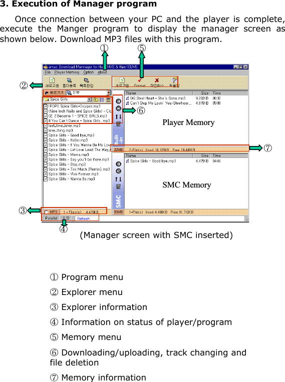 3. Execution of Manager programOnce connection between your PC and the player is complete,execute the Manger program to display the manager screen as shown below. Download MP3 files with this program. (Manager screen with SMC inserted)Program menuExplorer menuExplorer informationInformation on status of player/programMemory menuDownloading/uploading, track changing and file deletionMemory information&amp;