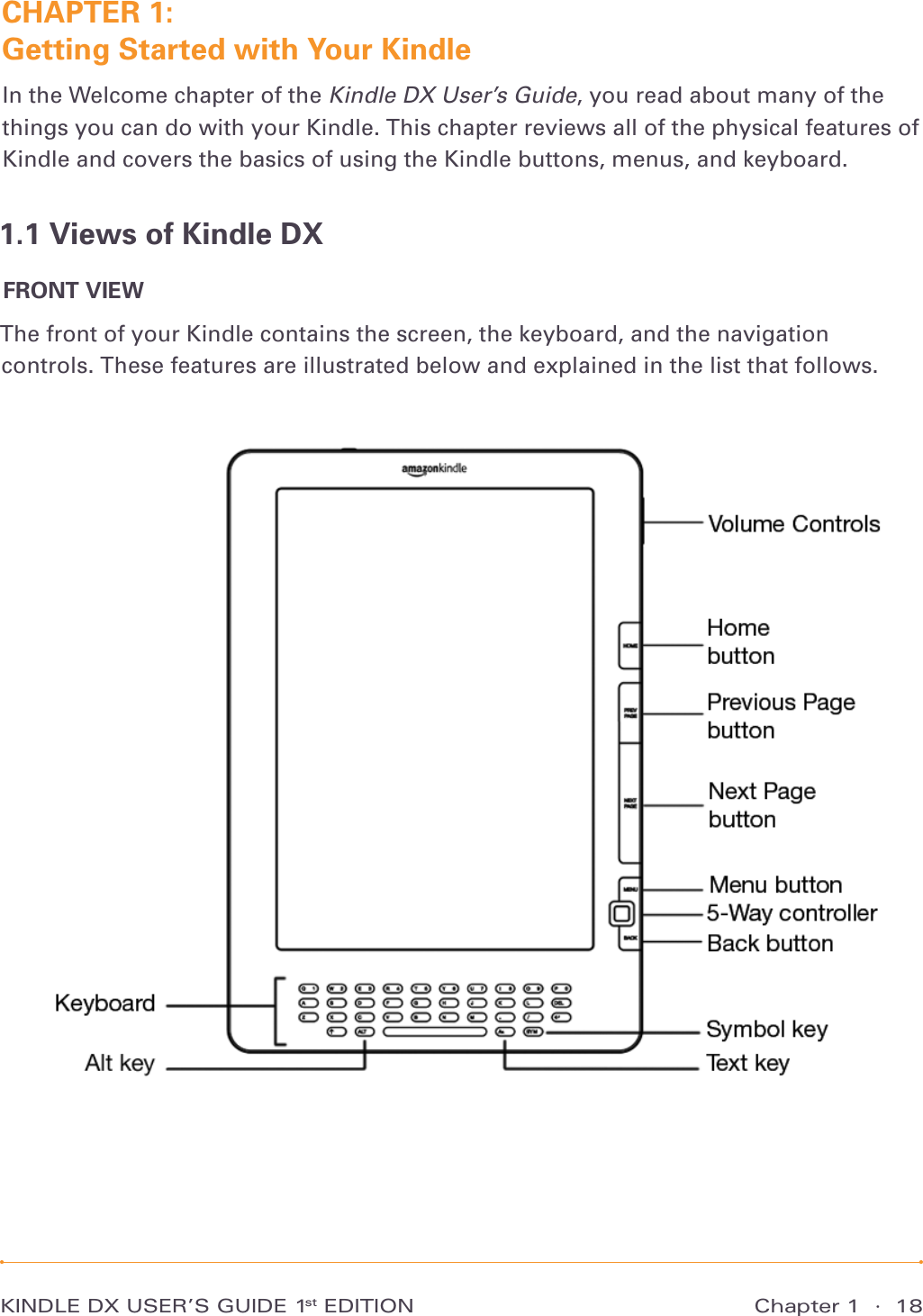 Chapter 1  ·  18KINDLE DX USER’S GUIDE 1st EDITIONCHAPTER 1: Getting Started with Your KindleIn the Welcome chapter of the Kindle DX User’s Guide, you read about many of the things you can do with your Kindle. This chapter reviews all of the physical features of Kindle and covers the basics of using the Kindle buttons, menus, and keyboard.1.1 Views of Kindle DXFRONT VIEW The front of your Kindle contains the screen, the keyboard, and the navigation controls. These features are illustrated below and explained in the list that follows.