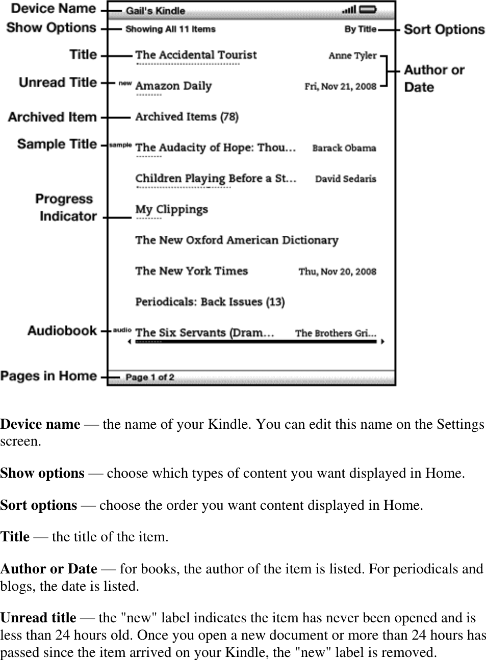    Device name — the name of your Kindle. You can edit this name on the Settings screen. Show options — choose which types of content you want displayed in Home. Sort options — choose the order you want content displayed in Home. Title — the title of the item. Author or Date — for books, the author of the item is listed. For periodicals and blogs, the date is listed. Unread title — the &quot;new&quot; label indicates the item has never been opened and is less than 24 hours old. Once you open a new document or more than 24 hours has passed since the item arrived on your Kindle, the &quot;new&quot; label is removed. 