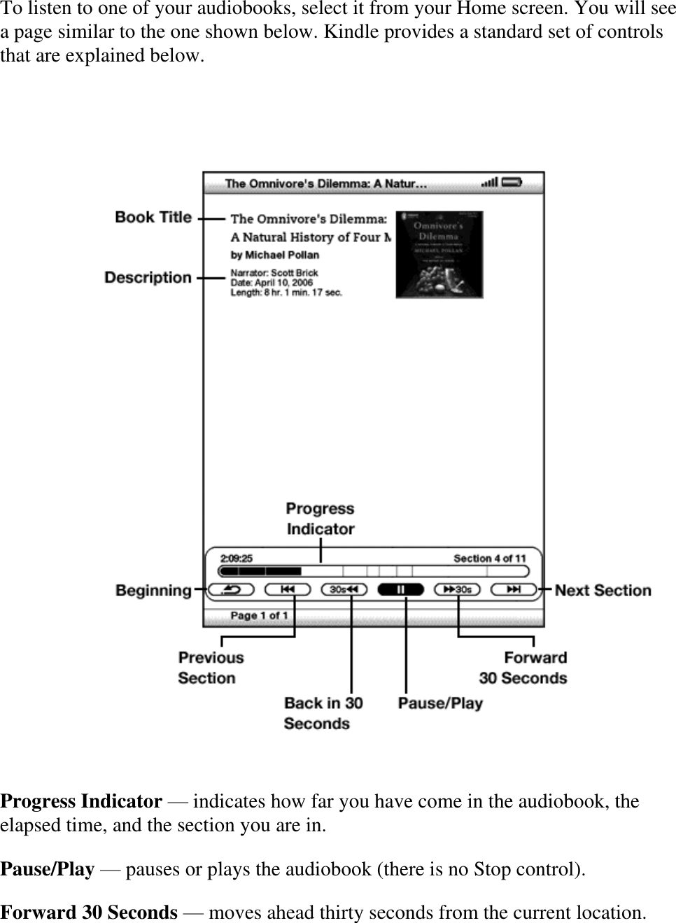   To listen to one of your audiobooks, select it from your Home screen. You will see a page similar to the one shown below. Kindle provides a standard set of controls that are explained below.  Progress Indicator — indicates how far you have come in the audiobook, the elapsed time, and the section you are in. Pause/Play — pauses or plays the audiobook (there is no Stop control). Forward 30 Seconds — moves ahead thirty seconds from the current location. 