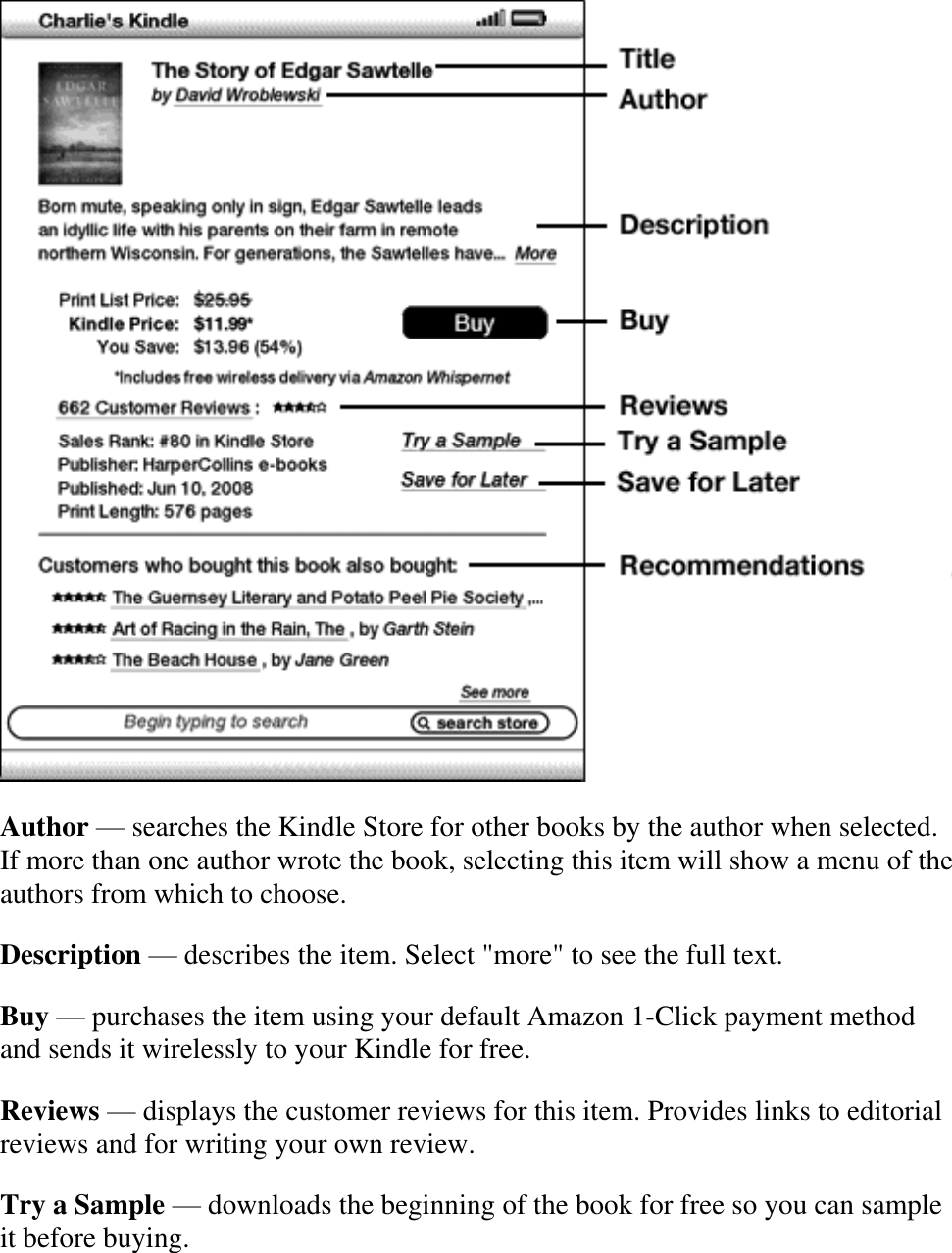     Author — searches the Kindle Store for other books by the author when selected. If more than one author wrote the book, selecting this item will show a menu of the authors from which to choose. Description — describes the item. Select &quot;more&quot; to see the full text. Buy — purchases the item using your default Amazon 1-Click payment method and sends it wirelessly to your Kindle for free. Reviews — displays the customer reviews for this item. Provides links to editorial reviews and for writing your own review. Try a Sample — downloads the beginning of the book for free so you can sample it before buying. 