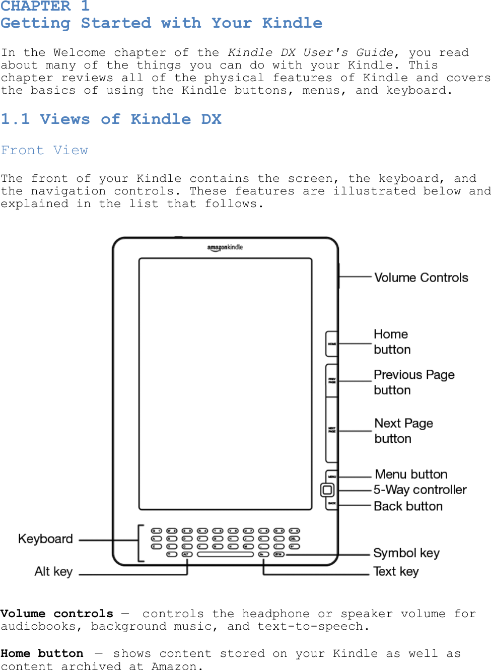   CHAPTER 1 Getting Started with Your Kindle In the Welcome chapter of the Kindle DX User&apos;s Guide, you read about many of the things you can do with your Kindle. This chapter reviews all of the physical features of Kindle and covers the basics of using the Kindle buttons, menus, and keyboard. 1.1 Views of Kindle DX Front View  The front of your Kindle contains the screen, the keyboard, and the navigation controls. These features are illustrated below and explained in the list that follows.  Volume controls —  controls the headphone or speaker volume for audiobooks, background music, and text-to-speech. Home button — shows content stored on your Kindle as well as content archived at Amazon. 