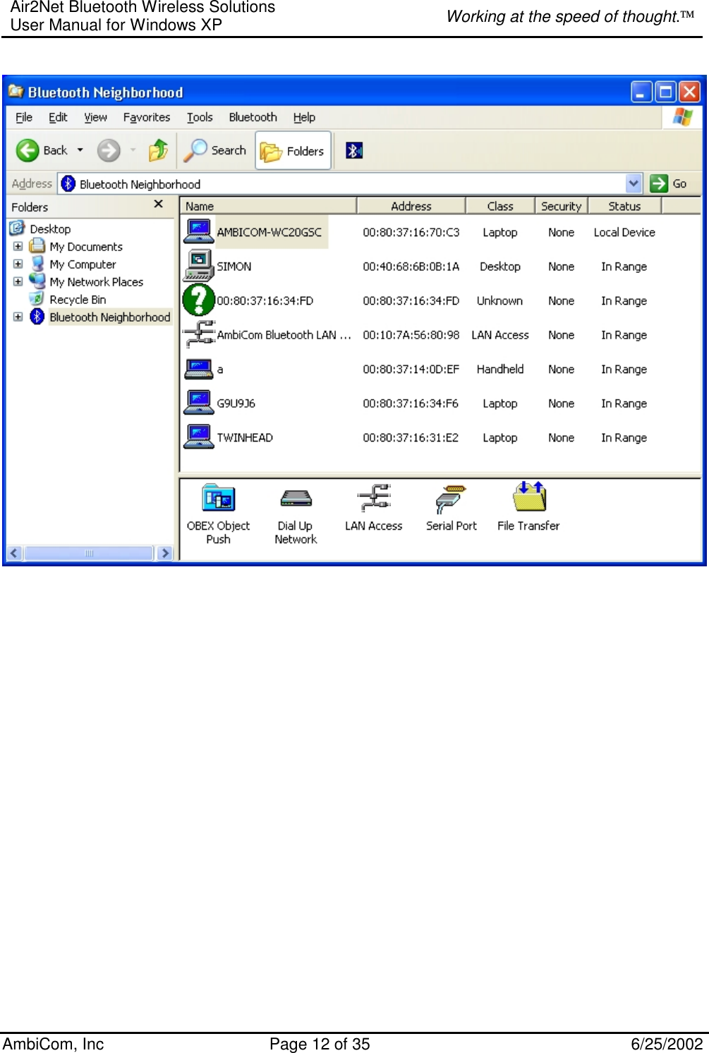 Air2Net Bluetooth Wireless Solutions User Manual for Windows XP  Working at the speed of thought. AmbiCom, Inc  Page 12 of 35  6/25/2002     