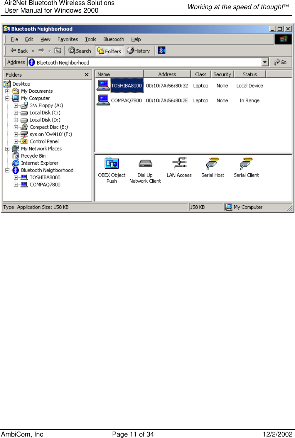 Air2Net Bluetooth Wireless Solutions User Manual for Windows 2000  Working at the speed of thought AmbiCom, Inc  Page 11 of 34  12/2/2002     
