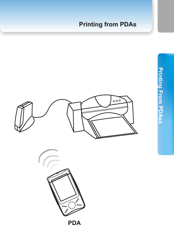 Printing From PDAsPrinting From PDAss4. Printing from PDAsPrinting from PDAsPDA((Important Note: Your PDAs should be      equipped with Bluetooth wireless technology.Before You StartStep 1Printing from PDAsMake sure you have completed the hardware installation of your printer adapter in page 11.Step 2 Follow the instructions of the manual of your PDAs to open a document.Step 3 Follow the instructions of the manual of your PDAs to send the document via Bluetooth. The Bluetooth service should be “On” before you send this document. Step 4 Choose OK to send this document. Step 5 The printer starts to print. 31 32