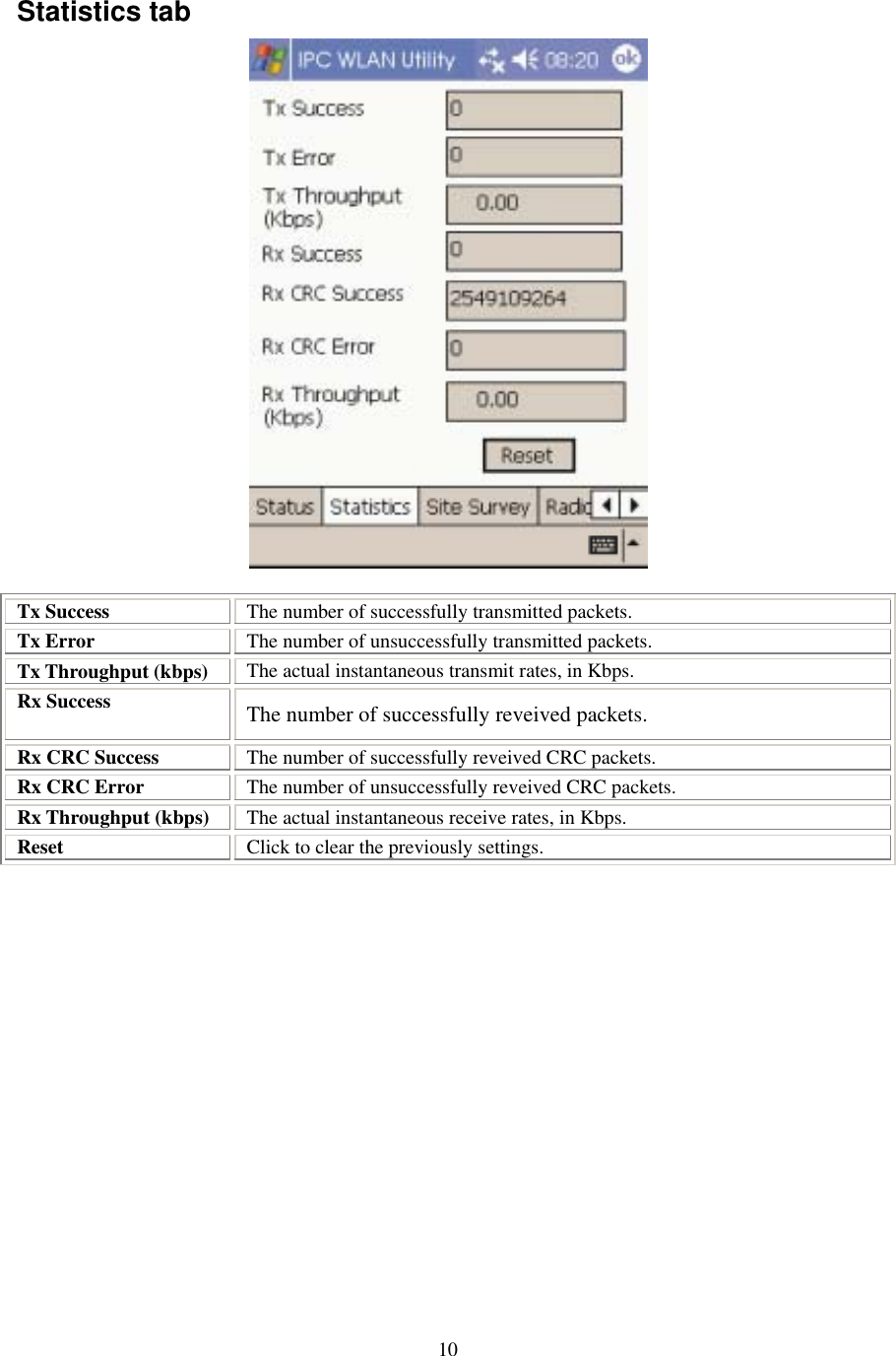  10Statistics tab  Tx Success  The number of successfully transmitted packets. Tx Error  The number of unsuccessfully transmitted packets. Tx Throughput (kbps)  The actual instantaneous transmit rates, in Kbps. Rx Success  The number of successfully reveived packets. Rx CRC Success  The number of successfully reveived CRC packets. Rx CRC Error  The number of unsuccessfully reveived CRC packets. Rx Throughput (kbps)  The actual instantaneous receive rates, in Kbps. Reset  Click to clear the previously settings.  