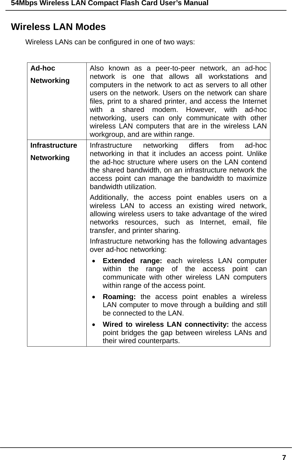 54Mbps Wireless LAN Compact Flash Card User’s Manual  7Wireless LAN Modes Wireless LANs can be configured in one of two ways:  Ad-hoc  Networking Also known as a peer-to-peer network, an ad-hoc network is one that allows all workstations and computers in the network to act as servers to all other users on the network. Users on the network can share files, print to a shared printer, and access the Internet with a shared modem. However, with ad-hoc networking, users can only communicate with other wireless LAN computers that are in the wireless LAN workgroup, and are within range. Infrastructure Networking Infrastructure networking differs from ad-hoc networking in that it includes an access point. Unlike the ad-hoc structure where users on the LAN contend the shared bandwidth, on an infrastructure network the access point can manage the bandwidth to maximize bandwidth utilization.   Additionally, the access point enables users on a wireless LAN to access an existing wired network, allowing wireless users to take advantage of the wired networks resources, such as Internet, email, file transfer, and printer sharing.   Infrastructure networking has the following advantages over ad-hoc networking: •  Extended range: each wireless LAN computer within the range of the access point can communicate with other wireless LAN computers within range of the access point. •  Roaming: the access point enables a wireless LAN computer to move through a building and still be connected to the LAN. •  Wired to wireless LAN connectivity: the access point bridges the gap between wireless LANs and their wired counterparts.         