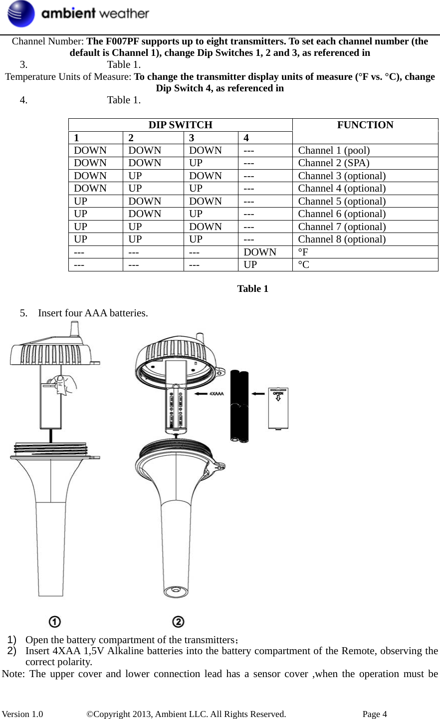 Version 1.0   ©Copyright 2013, Ambient LLC. All Rights Reserved.  Page 4 Channel Number: The F007PF supports up to eight transmitters. To set each channel number (the default is Channel 1), change Dip Switches 1, 2 and 3, as referenced in 3.              Table 1. Temperature Units of Measure: To change the transmitter display units of measure (°F vs. °C), change Dip Switch 4, as referenced in 4.    Table 1. DIP SWITCH 1 2 3 4 FUNCTION DOWN DOWN  DOWN ---  Channel 1 (pool) DOWN  DOWN  UP  ---  Channel 2 (SPA) DOWN UP  DOWN ---  Channel 3 (optional) DOWN  UP  UP  ---  Channel 4 (optional) UP  DOWN  DOWN  ---  Channel 5 (optional) UP DOWN UP ---  Channel 6 (optional) UP  UP  DOWN  ---  Channel 7 (optional) UP UP  UP ---  Channel 8 (optional) --- --- --- DOWN °F--- --- --- UP °C Table 1 5. Insert four AAA batteries.1) Open the battery compartment of the transmitters；2) Insert 4XAA 1,5V Alkaline batteries into the battery compartment of the Remote, observing thecorrect polarity.Note: The upper cover and lower connection lead has a sensor cover ,when the operation must be 