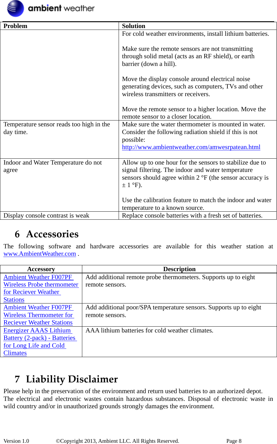  Version 1.0     ©Copyright 2013, Ambient LLC. All Rights Reserved.        Page 8 Problem Solution For cold weather environments, install lithium batteries.  Make sure the remote sensors are not transmitting through solid metal (acts as an RF shield), or earth barrier (down a hill).  Move the display console around electrical noise generating devices, such as computers, TVs and other wireless transmitters or receivers.  Move the remote sensor to a higher location. Move the remote sensor to a closer location. Temperature sensor reads too high in the day time.  Make sure the water thermometer is mounted in water. Consider the following radiation shield if this is not possible: http://www.ambientweather.com/amwesrpatean.html  Indoor and Water Temperature do not agree  Allow up to one hour for the sensors to stabilize due to signal filtering. The indoor and water temperature sensors should agree within 2 °F (the sensor accuracy is ± 1 °F).  Use the calibration feature to match the indoor and water temperature to a known source. Display console contrast is weak  Replace console batteries with a fresh set of batteries. 6 AccessoriesThe following software and hardware accessories are available for this weather station at www.AmbientWeather.com .  Accessory Description Ambient Weather F007PF Wireless Probe thermometer for Reciever Weather Stations Add additional remote probe thermometers. Supports up to eight remote sensors. Ambient Weather F007PF Wireless Thermometer for Reciever Weather Stations Add additional poor/SPA temperature sensors. Supports up to eight remote sensors. Energizer AAAS Lithium Battery (2-pack) - Batteries for Long Life and Cold Climates AAA lithium batteries for cold weather climates.  7 LiabilityDisclaimerPlease help in the preservation of the environment and return used batteries to an authorized depot.   The electrical and electronic wastes contain hazardous substances. Disposal of electronic waste in wild country and/or in unauthorized grounds strongly damages the environment.  