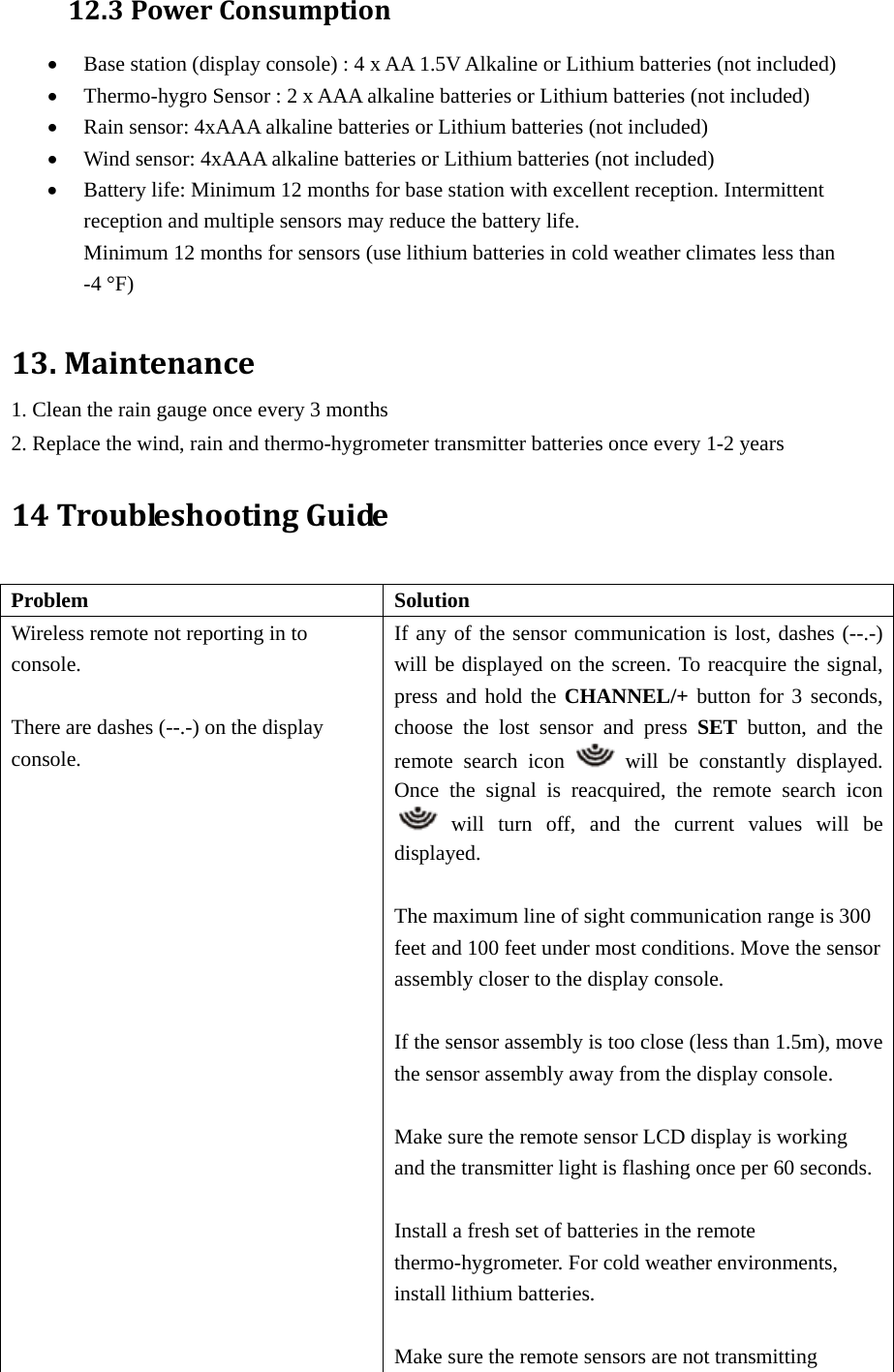 12.3PowerConsumption• Base station (display console) : 4 x AA 1.5V Alkaline or Lithium batteries (not included) • Thermo-hygro Sensor : 2 x AAA alkaline batteries or Lithium batteries (not included) • Rain sensor: 4xAAA alkaline batteries or Lithium batteries (not included) • Wind sensor: 4xAAA alkaline batteries or Lithium batteries (not included) • Battery life: Minimum 12 months for base station with excellent reception. Intermittent reception and multiple sensors may reduce the battery life.   Minimum 12 months for sensors (use lithium batteries in cold weather climates less than -4 °F)  13.Maintenance1. Clean the rain gauge once every 3 months  2. Replace the wind, rain and thermo-hygrometer transmitter batteries once every 1-2 years  14TroubleshootingGuide Problem Solution Wireless remote not reporting in to console.  There are dashes (--.-) on the display console. If any of the sensor communication is lost, dashes (--.-) will be displayed on the screen. To reacquire the signal, press and hold the CHANNEL/+ button for 3 seconds, choose the lost sensor and press SET button, and the remote search icon   will be constantly displayed. Once the signal is reacquired, the remote search icon  will turn off, and the current values will be displayed.  The maximum line of sight communication range is 300 feet and 100 feet under most conditions. Move the sensor assembly closer to the display console.  If the sensor assembly is too close (less than 1.5m), move the sensor assembly away from the display console.  Make sure the remote sensor LCD display is working and the transmitter light is flashing once per 60 seconds.  Install a fresh set of batteries in the remote thermo-hygrometer. For cold weather environments, install lithium batteries.  Make sure the remote sensors are not transmitting 