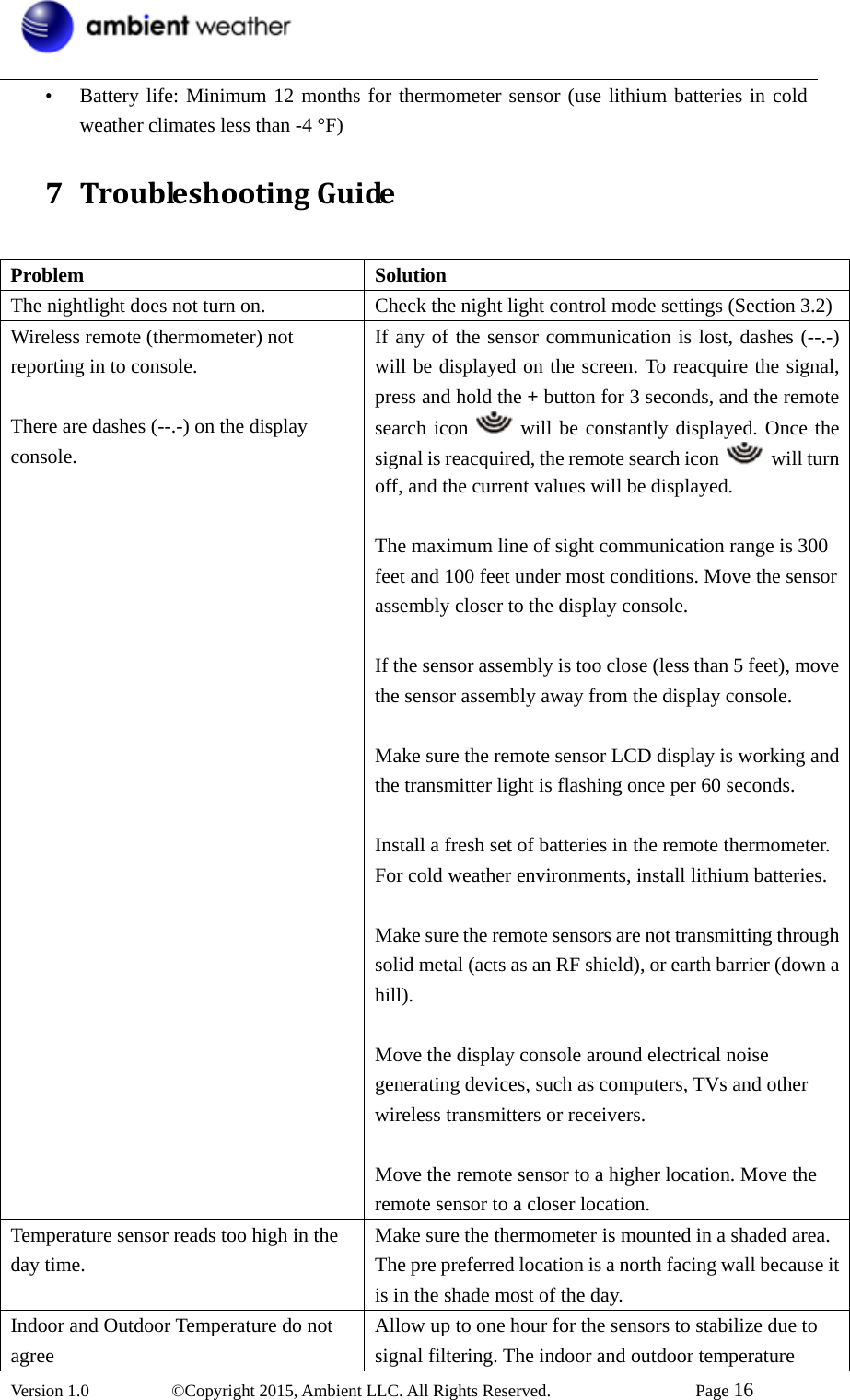  Version 1.0   ©Copyright 2015, Ambient LLC. All Rights Reserved.    Page 16  • Battery life: Minimum 12 months for thermometer sensor (use lithium batteries in cold weather climates less than -4 °F) 7 TroubleshootingGuide Problem Solution The nightlight does not turn on.  Check the night light control mode settings (Section 3.2)Wireless remote (thermometer) not reporting in to console.  There are dashes (--.-) on the display console. If any of the sensor communication is lost, dashes (--.-) will be displayed on the screen. To reacquire the signal, press and hold the + button for 3 seconds, and the remote search icon   will be constantly displayed. Once the signal is reacquired, the remote search icon   will turn off, and the current values will be displayed.  The maximum line of sight communication range is 300 feet and 100 feet under most conditions. Move the sensor assembly closer to the display console.  If the sensor assembly is too close (less than 5 feet), move the sensor assembly away from the display console.  Make sure the remote sensor LCD display is working and the transmitter light is flashing once per 60 seconds.  Install a fresh set of batteries in the remote thermometer. For cold weather environments, install lithium batteries.  Make sure the remote sensors are not transmitting through solid metal (acts as an RF shield), or earth barrier (down a hill).  Move the display console around electrical noise generating devices, such as computers, TVs and other wireless transmitters or receivers.  Move the remote sensor to a higher location. Move the remote sensor to a closer location. Temperature sensor reads too high in the day time. Make sure the thermometer is mounted in a shaded area. The pre preferred location is a north facing wall because it is in the shade most of the day.     Indoor and Outdoor Temperature do not agree Allow up to one hour for the sensors to stabilize due to signal filtering. The indoor and outdoor temperature 