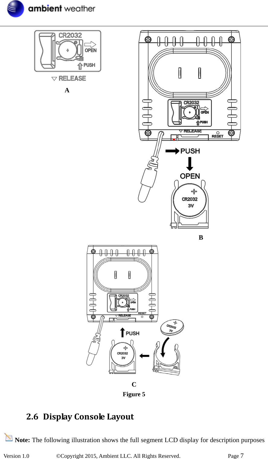  Version 1.0   ©Copyright 2015, Ambient LLC. All Rights Reserved.    Page 7   A  B  C Figure 5 2.6 DisplayConsoleLayoutNote: The following illustration shows the full segment LCD display for description purposes 