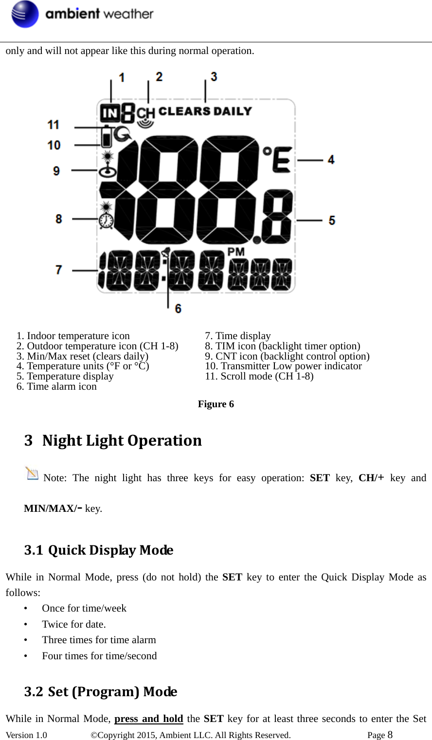  Version 1.0   ©Copyright 2015, Ambient LLC. All Rights Reserved.    Page 8  only and will not appear like this during normal operation.       1. Indoor temperature icon 2. Outdoor temperature icon (CH 1-8) 3. Min/Max reset (clears daily) 4. Temperature units (°F or °C) 5. Temperature display 6. Time alarm icon 7. Time display 8. TIM icon (backlight timer option) 9. CNT icon (backlight control option) 10. Transmitter Low power indicator 11. Scroll mode (CH 1-8) Figure 6 3 NightLightOperationNote: The night light has three keys for easy operation: SET key, CH/+ key and MIN/MAX/- key. 3.1 QuickDisplayModeWhile in Normal Mode, press (do not hold) the SET key to enter the Quick Display Mode as follows: • Once for time/week • Twice for date. • Three times for time alarm • Four times for time/second 3.2 Set(Program)ModeWhile in Normal Mode, press and hold the SET key for at least three seconds to enter the Set 