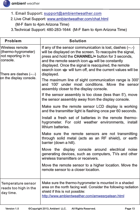         1. Email Support:          2. Live Chat Support:               (M-F 8am to 4pm Arizona Time)        3.Technical Support: 480-283-1644  (M-F 8am to 4pm Arizona Time)support@ambientweather.comwww.ambientweather.com/chat.htmlProblem SolutionWireless remote (thermo-hygrometer) not reporting in to console.If any of the sensor communication is lost, dashes (--.-) will be displayed on the screen. To reacquire the signal, press and hold the CHANNEL/+ button for 3 seconds, and the remote search icon      will be constantly displayed. Once the signal is reacquired, the remote search icon       will turn off, and the current values will be displayed.   The maximum line of sight communication range is 300&apos; and  100&apos;  under  most  conditions.  Move  the  sensor assembly closer to the display console.Version 1.0        ©Copyright 2013, Ambient  LLC.        All Rights Reserved.                        Page 13There are dashes (--.-) on the display console.If the sensor assembly is too close (less than 5&apos;), move the sensor assembly away from the display console.Make  sure  the  remote  sensor  LCD  display  is  working and the transmitter light is flashing once per 60 seconds.Install  a  fresh  set  of  batteries  in  the  remote  thermo-hygrometer.  For  cold  weather  environments,  install lithium batteries. Make  sure  the  remote  sensors  are  not  transmitting through  solid  metal  (acts  as  an  RF  shield),  or  earth barrier (down a hill).Move  the  display  console  around  electrical  noise generating devices, such  as  computers, TVs and other wireless transmitters or receivers.Move the remote sensor to a higher location. Move the remote sensor to a closer location. Temperature sensor reads too high in the day time.Make sure the thermo-hygrometer is mounted in a shaded area on the north facing wall. Consider the following radiation shield if this is not possible:http://www.ambientweather.com/amwesrpatean.html