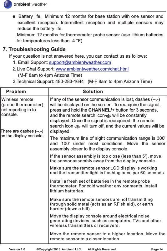        Battery life:  Minimum 12 months for base station with one sensor and excellent  reception.  Intermittent  reception  and  multiple  sensors  may reduce the battery life.  Minimum 12 months for thermometer probe sensor (use lithium batteries for temperatures less than -4 °F)7. Troubleshooting Guide     If your question is not answered here, you can contact us as follows:        1. Email Support:          2. Live Chat Support:               (M-F 8am to 4pm Arizona Time)        3.Technical Support: 480-283-1644   (M-F 8am to 4pm Arizona Time)           ● support@ambientweather.comwww.ambientweather.com/chat.htmlVersion 1.0        ©Copyright 2013, Ambient  LLC.        All Rights Reserved.                        Page 14Problem SolutionWireless remote (probe thermometer) not reporting in to console.If any of the sensor communication is lost, dashes (--.-) will be displayed on the screen. To reacquire the signal, press and hold the CHANNEL/+ button for 3 seconds, and the remote search icon      will be constantly displayed. Once the signal is reacquired, the remote search icon       will turn off, and the current values will be displayed.   The maximum line of sight communication range is 300&apos; and  100&apos;  under  most  conditions.  Move  the  sensor assembly closer to the display console.If the sensor assembly is too close (less than 5&apos;), move the sensor assembly away from the display console.Make sure the remote sensor LCD display is working and the transmitter light is flashing once per 60 seconds.Install a fresh set of batteries in the remote probe thermometer. For cold weather environments, install lithium batteries.Make sure the remote sensors are not transmitting through solid metal (acts as an RF shield), or earth barrier (down a hill).Move the display console around electrical noise generating devices, such as computers, TVs and other wireless transmitters or receivers.Move the remote  sensor  to  a  higher  location.  Move  the remote sensor to a closer location.There are dashes (--.-) on the display console.