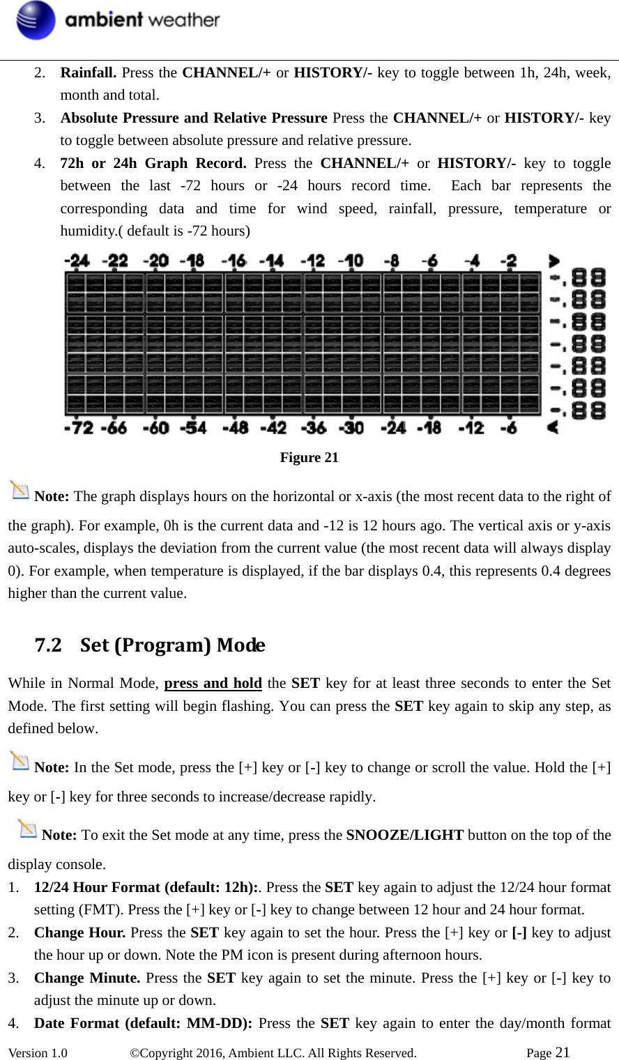  Version 1.0   ©Copyright 2016, Ambient LLC. All Rights Reserved.    Page 21  2. Rainfall. Press the CHANNEL/+ or HISTORY/- key to toggle between 1h, 24h, week, month and total. 3. Absolute Pressure and Relative Pressure Press the CHANNEL/+ or HISTORY/- key to toggle between absolute pressure and relative pressure. 4. 72h or 24h Graph Record. Press the CHANNEL/+ or HISTORY/-  key to toggle between the last -72 hours or -24 hours record time.  Each bar represents the corresponding data and time for wind speed, rainfall, pressure, temperature or humidity.( default is -72 hours)          Figure 21 Note: The graph displays hours on the horizontal or x-axis (the most recent data to the right of the graph). For example, 0h is the current data and -12 is 12 hours ago. The vertical axis or y-axis auto-scales, displays the deviation from the current value (the most recent data will always display 0). For example, when temperature is displayed, if the bar displays 0.4, this represents 0.4 degrees higher than the current value. 7.2 Set(Program)ModeWhile in Normal Mode, press and hold the SET key for at least three seconds to enter the Set Mode. The first setting will begin flashing. You can press the SET key again to skip any step, as defined below.   Note: In the Set mode, press the [+] key or [-] key to change or scroll the value. Hold the [+] key or [-] key for three seconds to increase/decrease rapidly.    Note: To exit the Set mode at any time, press the SNOOZE/LIGHT button on the top of the display console. 1. 12/24 Hour Format (default: 12h):. Press the SET key again to adjust the 12/24 hour format setting (FMT). Press the [+] key or [-] key to change between 12 hour and 24 hour format. 2. Change Hour. Press the SET key again to set the hour. Press the [+] key or [-] key to adjust the hour up or down. Note the PM icon is present during afternoon hours. 3. Change Minute. Press the SET key again to set the minute. Press the [+] key or [-] key to adjust the minute up or down. 4. Date Format (default: MM-DD): Press the SET key again to enter the day/month format 