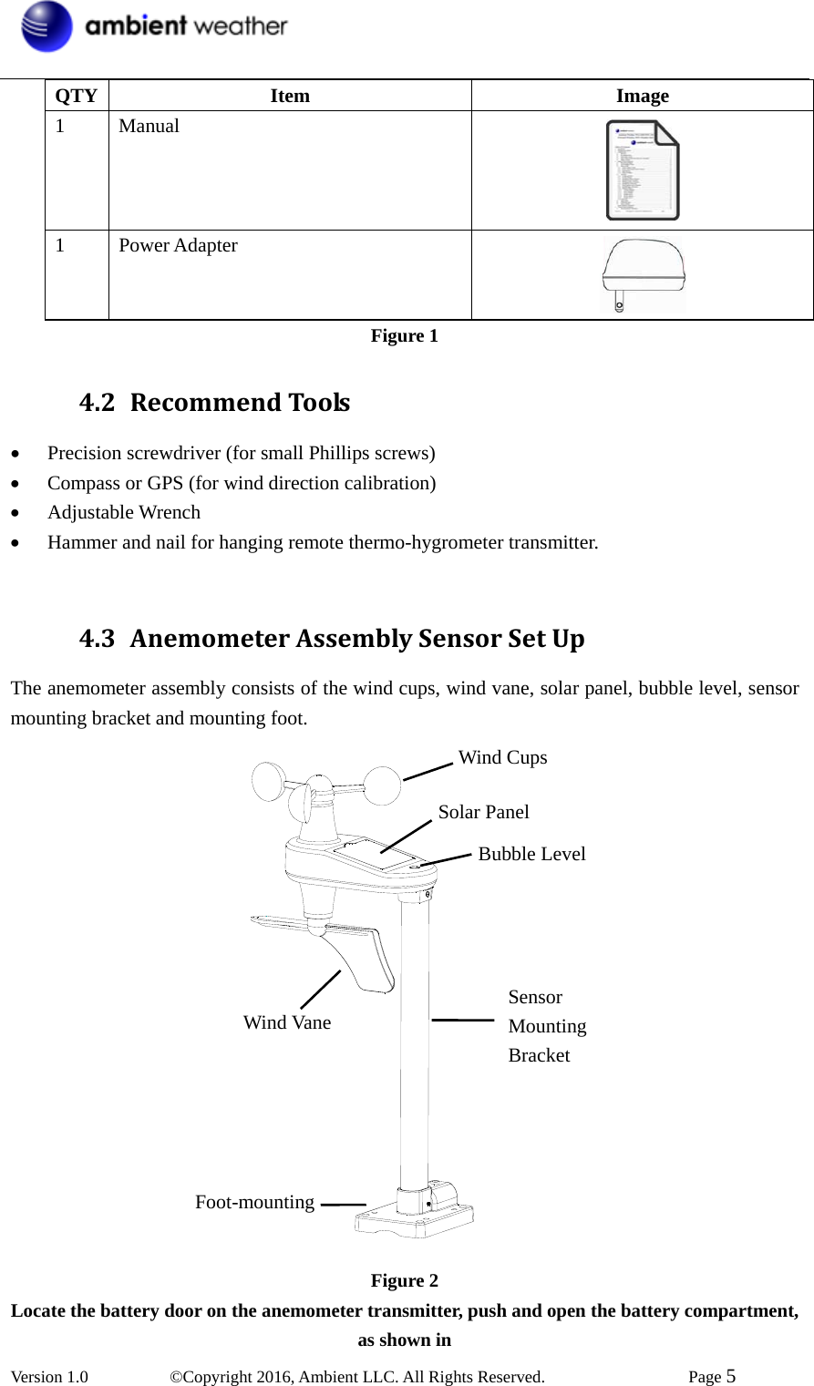  Version 1.0   ©Copyright 2016, Ambient LLC. All Rights Reserved.    Page 5  QTY Item  Image 1 Manual  1 Power Adapter  Figure 1 4.2 RecommendTools• Precision screwdriver (for small Phillips screws)   • Compass or GPS (for wind direction calibration)  • Adjustable Wrench   • Hammer and nail for hanging remote thermo-hygrometer transmitter.  4.3 AnemometerAssemblySensorSetUpThe anemometer assembly consists of the wind cups, wind vane, solar panel, bubble level, sensor mounting bracket and mounting foot.                   Figure 2 Locate the battery door on the anemometer transmitter, push and open the battery compartment, as shown in   Wind Vane Wind Cups Sensor MountingBracket Solar Panel Bubble Level Foot-mounting 