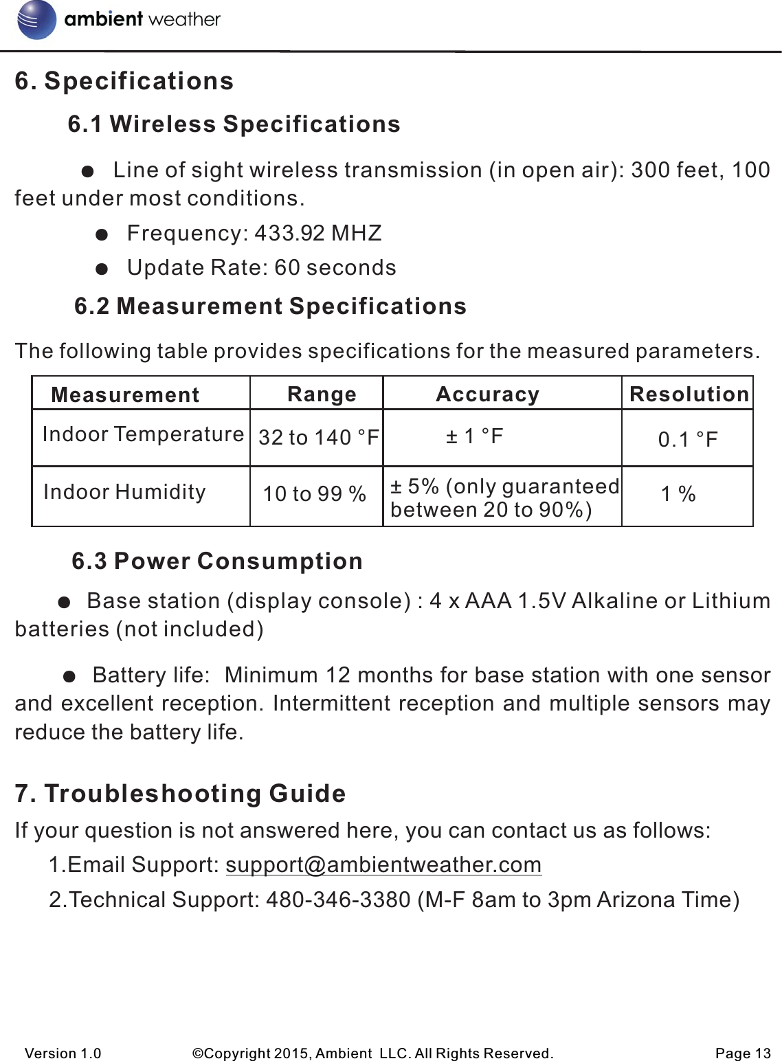 6. Specifications        6.1 Wireless Specifications        ●  feet under most conditions.          ●  Frequency: 433 MHZUHFHLYHRQO\          ●  Update Rate: 60 seconds         6.2 Measurement SpecificationsThe following table provides specifications for the measured parameters.   6.3 Power Consumption     ●  Base station (display console) : 4 x AAA 1.5V Alkaline or Lithium batteries (not included)     ●  Battery life:  Minimum 12 months for base station with one sensor and excellent reception. Intermittent reception and multiple sensors may reduce the battery life.  7. Troubleshooting GuideIf your question is not answered here, you can contact us as follows:   1.Email Support: support@ambientweather.com    2.Technical Support: 480-346-3380 (M-F 8am to 3pm Arizona Time)                                  Line of sight wireless transmission (in open air): 300 feet, 100 Version 1.0             ©Copyright 2015, Ambient  LLC. All Rights Reserved.                       Page 13Measurement Range Accuracy ResolutionIndoor TemperatureIndoor Humidity32 to 140 °F10 to 99 %± 1 °F± 5% (only guaranteedbetween 20 to 90%)0.1 °F1 %