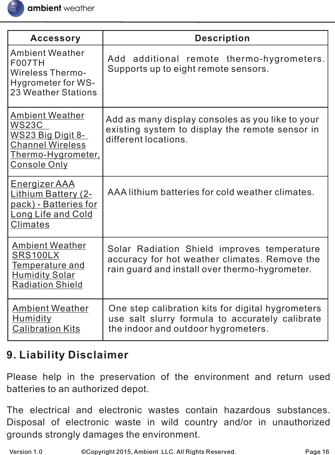                                           9. Liability DisclaimerPlease  help  in  the  preservation  of  the  environment  and  return  used batteries to an authorized depot. The  electrical  and  electronic  wastes  contain  hazardous  substances. Disposal  of  electronic  waste  in  wild  country  and/or  in  unauthorized grounds strongly damages the environment.Version 1.0             ©Copyright 2015, Ambient  LLC. All Rights Reserved.                       Page 16Accessory DescriptionAdd  additional  remote  thermo-hygrometers. Supports up to eight remote sensors.Add as many display consoles as you like to your existing system to display the remote sensor in different locations.AAA lithium batteries for cold weather climates.Solar  Radiation  Shield  improves  temperature accuracy for hot weather climates. Remove the rain guard and install over thermo-hygrometer.Ambient Weather WS23C              WS23 Big Digit 8-Channel Wireless Thermo-Hygrometer, Console OnlyAmbient Weather F007TH                  Wireless Thermo-Hygrometer for WS-23 Weather StationsEnergizer AAA Lithium Battery (2-pack) - Batteries for Long Life and Cold ClimatesAmbient Weather SRS100LX Temperature and Humidity Solar Radiation ShieldAmbient Weather Humidity Calibration KitsOne step calibration kits for digital hygrometers use  salt  slurry  formula  to  accurately  calibrate the indoor and outdoor hygrometers. 