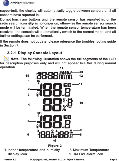 Version 1.0             ©Copyright 2015, Ambient  LLC. All Rights Reserved.                        Page 5supported), the display will automatically toggle between sensors until all sensors have reported in.Do not touch any buttons until the remote sensor has reported in, or the radio search icon         is no longer on, otherwise the remote sensor search mode will be terminated. When the remote sensor temperature has been received, the console will automatically switch to the normal mode, and all further settings can be performed.If the remote does not update, please reference the troubleshooting guide in Section 7.       2.2.1  Display Console Layout          Note: The following illustration shows the full segments of the LCD for description  purposes only  and will not  appear like  this during normal operation.                                                        Figure  2     1. Indoor  temperature  and  humidity           8. Maximum           display  icon                                              9. HI/LOW  alarm  iconTemperature124578910111213143615