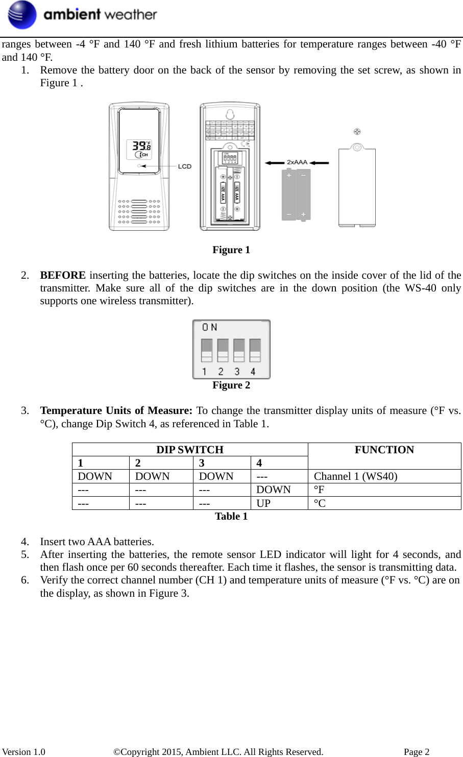  Version 1.0    ©Copyright 2015, Ambient LLC. All Rights Reserved.    Page 2 ranges between -4 °F and 140 °F and fresh lithium batteries for temperature ranges between -40 °F and 140 °F. 1. Remove the battery door on the back of the sensor by removing the set screw, as shown in Figure 1 .      Figure 1  2. BEFORE inserting the batteries, locate the dip switches on the inside cover of the lid of the transmitter. Make sure all of the dip switches are in the down position (the WS-40 only supports one wireless transmitter).   Figure 2  3. Temperature Units of Measure: To change the transmitter display units of measure (°F vs. °C), change Dip Switch 4, as referenced in Table 1.  DIP SWITCH 1 2  3 4  FUNCTION DOWN DOWN  DOWN ---  Channel 1 (WS40) --- ---  --- DOWN °F --- ---  --- UP °C Table 1  4. Insert two AAA batteries. 5. After inserting the batteries, the remote sensor LED indicator will light for 4 seconds, and then flash once per 60 seconds thereafter. Each time it flashes, the sensor is transmitting data. 6. Verify the correct channel number (CH 1) and temperature units of measure (°F vs. °C) are on the display, as shown in Figure 3. 