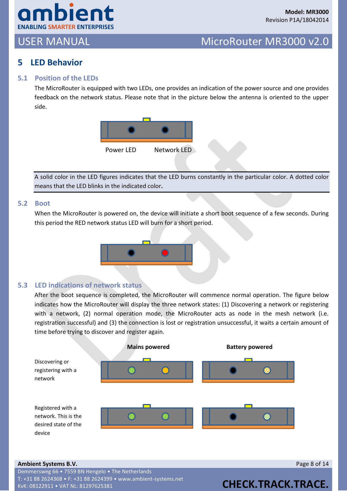      Model: MR3000  Revision P1A/18042014 USER MANUAL MicroRouter MR3000 v2.0  Ambient Systems B.V. Page 8 of 14 Demmersweg 66 • 7559 BN Hengelo • The Netherlands T: +31 88 2624368 • F: +31 88 2624399 • www.ambient-systems.net KvK: 08122911 • VAT NL: 81297625381  CHECK.TRACK.TRACE.  5 LED Behavior 5.1 Position of the LEDs The MicroRouter is equipped with two LEDs, one provides an indication of the power source and one provides feedback on the network status. Please note that in the picture below the antenna is oriented to the upper side.  A solid color in the LED figures indicates that the LED burns constantly in the particular color. A dotted color means that the LED blinks in the indicated color. 5.2 Boot When the MicroRouter is powered on, the device will initiate a short boot sequence of a few seconds. During this period the RED network status LED will burn for a short period.  5.3 LED indications of network status After the boot sequence is completed, the MicroRouter will commence normal operation. The figure below indicates how the MicroRouter will display the three network states: (1) Discovering a network or registering with  a  network,  (2)  normal  operation  mode,  the  MicroRouter  acts  as  node  in  the  mesh  network  (i.e. registration successful) and (3) the connection is lost or registration unsuccessful, it waits a certain amount of time before trying to discover and register again.   Mains powered Battery powered Discovering or registering with a network    Registered with a network. This is the desired state of the device     Power LED Network LED   