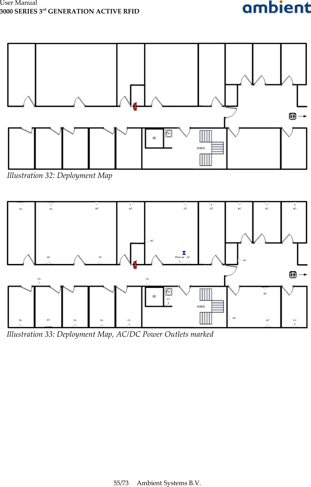 User Manual3000 SERIES 3rd GENERATION ACTIVE RFID55/73 Ambient Systems B.V.Illustration 32: Deployment MapIllustration 33: Deployment Map, AC/DC Power Outlets marked