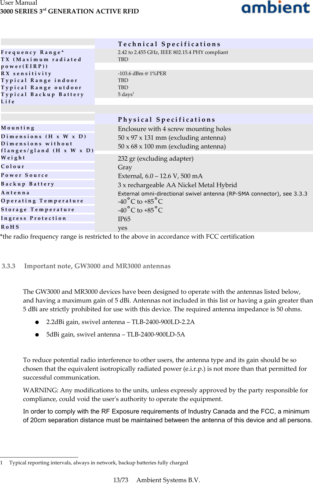 User Manual3000 SERIES 3rd GENERATION ACTIVE RFIDT e c h n i c a l   S p e c i f i c a t i o n sF r e q u e n c y   R a n g e * 2.42 to 2.455 GHz, IEEE 802.15.4 PHY compliantT X   ( M a x i m u m   r a d i a t e d p o w e r ( E I R P ) )TBDR X   s e n s i t i v i t y -103.6 dBm @ 1%PERT y p i c a l   R a n g e   i n d o o r TBDT y p i c a l   R a n g e   o u t d o o r TBDT y p i c a l   B a c k u p   B a t t e r y L i f e5 days1P h y s i c a l   S p e c i f i c a t i o n sM o u n t i n g Enclosure with 4 screw mounting holesD i m e n s i o n s   ( H   x   W   x   D )D i m e n s i o n s   w i t h o u t f l a n g e s / g l a n d   ( H   x   W   x   D )50 x 97 x 131 mm (excluding antenna)50 x 68 x 100 mm (excluding antenna)W e i g h t 232 gr (excluding adapter)C o l o u r GrayP o w e r   S o u r c e External, 6.0 – 12.6 V, 500 mAB a c k u p   B a t t e r y 3 x rechargeable AA Nickel Metal HybridA n t e n n a External omni-directional swivel antenna (RP-SMA connector), see 3.3.3O p e r a t i n g   T e m p e r a t u r e -40˚C to +85˚CS t o r a g e   T e m p e r a t u r e -40˚C to +85˚CI n g r e s s   P r o t e c t i o n IP65R o H S yes*the radio frequency range is restricted to the above in accordance with FCC certification 3.3.3  Important note, GW3000 and MR3000 antennasThe GW3000 and MR3000 devices have been designed to operate with the antennas listed below, and having a maximum gain of 5 dBi. Antennas not included in this list or having a gain greater than 5 dBi are strictly prohibited for use with this device. The required antenna impedance is 50 ohms.●2.2dBi gain, swivel antenna – TLB-2400-900LD-2.2A●5dBi gain, swivel antenna – TLB-2400-900LD-5ATo reduce potential radio interference to other users, the antenna type and its gain should be so chosen that the equivalent isotropically radiated power (e.i.r.p.) is not more than that permitted for successful communication.WARNING: Any modifications to the units, unless expressly approved by the party responsible for compliance, could void the user&apos;s authority to operate the equipment.In order to comply with the RF Exposure requirements of Industry Canada and the FCC, a minimum of 20cm separation distance must be maintained between the antenna of this device and all persons. 1 Typical reporting intervals, always in network, backup batteries fully charged13/73 Ambient Systems B.V.