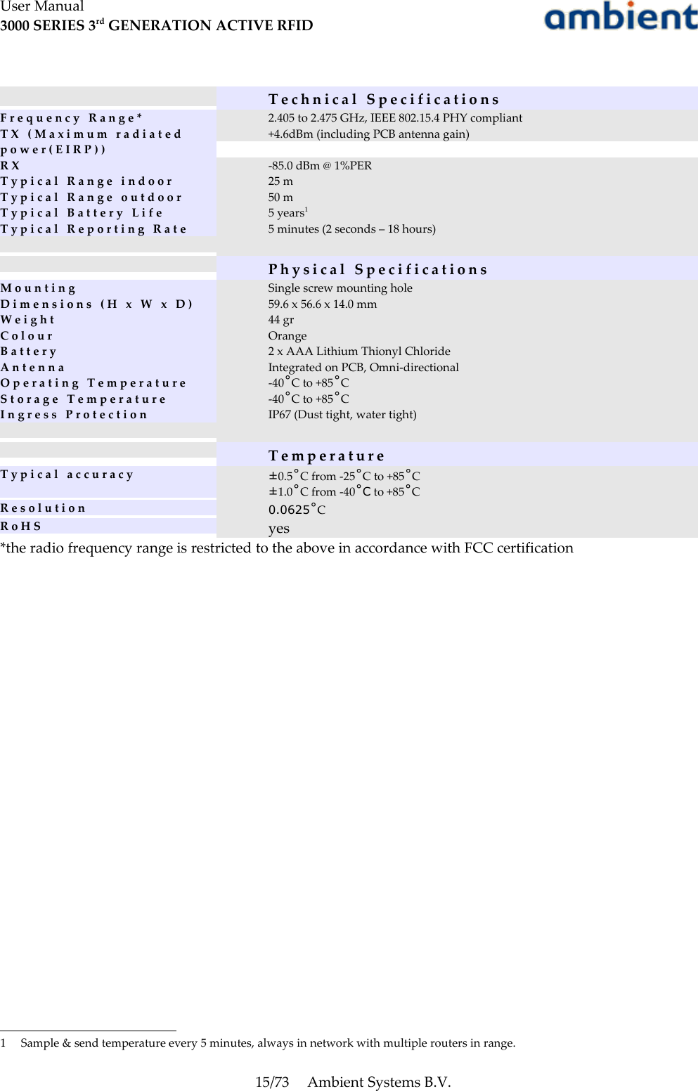 User Manual3000 SERIES 3rd GENERATION ACTIVE RFIDT e c h n i c a l   S p e c i f i c a t i o n sF r e q u e n c y   R a n g e * 2.405 to 2.475 GHz, IEEE 802.15.4 PHY compliantT X   ( M a x i m u m   r a d i a t e d p o w e r ( E I R P ) )+4.6dBm (including PCB antenna gain)R X -85.0 dBm @ 1%PERT y p i c a l   R a n g e   i n d o o r 25 mT y p i c a l   R a n g e   o u t d o o r 50 mT y p i c a l   B a t t e r y   L i f e 5 years1T y p i c a l   R e p o r t i n g   R a t e 5 minutes (2 seconds – 18 hours)P h y s i c a l   S p e c i f i c a t i o n sM o u n t i n g Single screw mounting holeD i m e n s i o n s   ( H   x   W   x   D ) 59.6 x 56.6 x 14.0 mmW e i g h t 44 grC o l o u r OrangeB a t t e r y 2 x AAA Lithium Thionyl ChlorideA n t e n n a Integrated on PCB, Omni-directionalO p e r a t i n g   T e m p e r a t u r e -40˚C to +85˚CS t o r a g e   T e m p e r a t u r e -40˚C to +85˚CI n g r e s s   P r o t e c t i o n IP67 (Dust tight, water tight)T e m p e r a t u r eT y p i c a l   a c c u r a c y ±0.5˚C from -25˚C to +85˚C±1.0˚C from -40˚C to +85˚CR e s o l u t i o n 0.0625˚CR o H S yes*the radio frequency range is restricted to the above in accordance with FCC certification1 Sample &amp; send temperature every 5 minutes, always in network with multiple routers in range.15/73 Ambient Systems B.V.