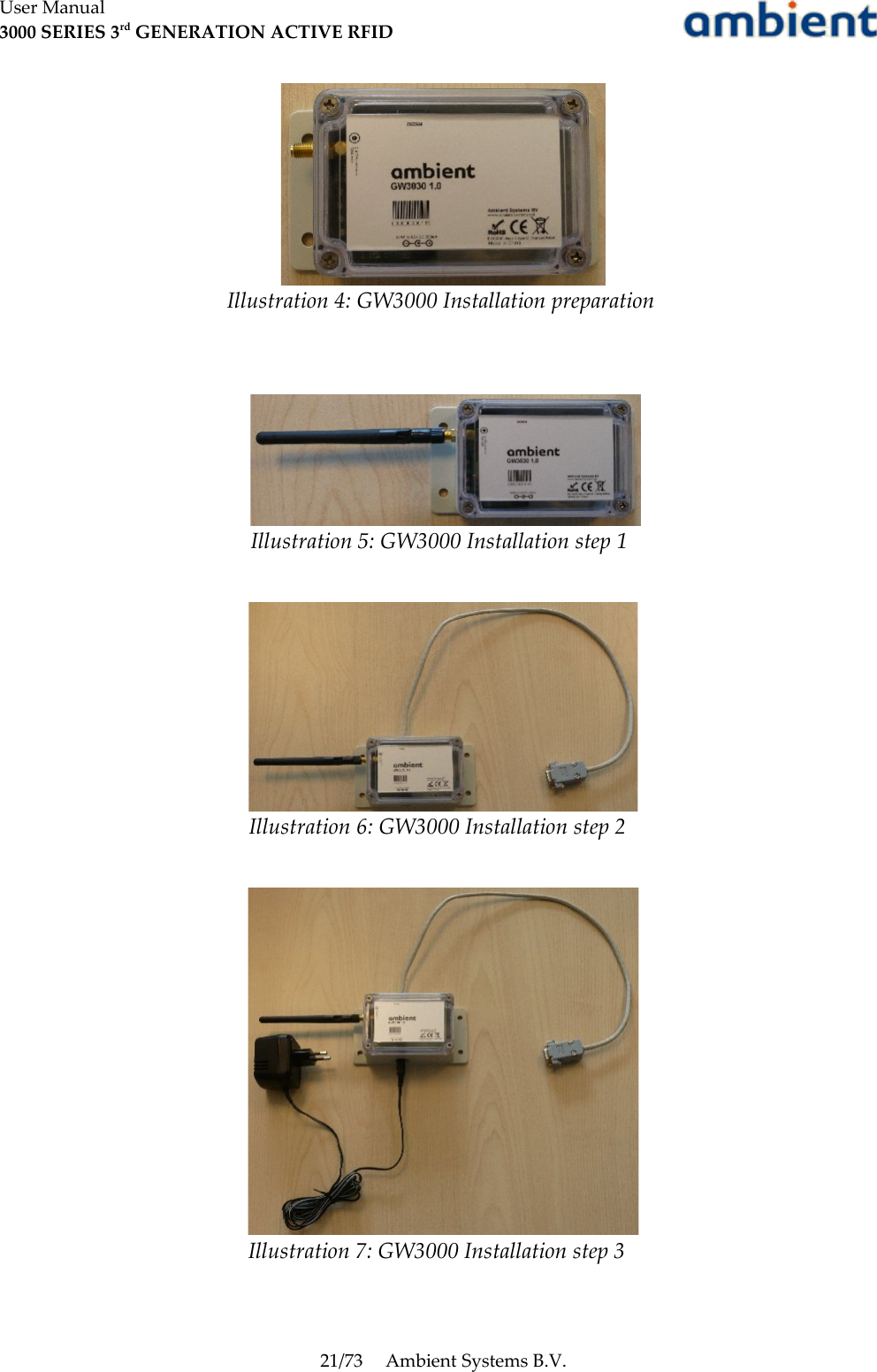 User Manual3000 SERIES 3rd GENERATION ACTIVE RFID21/73 Ambient Systems B.V.Illustration 4: GW3000 Installation preparationIllustration 7: GW3000 Installation step 3Illustration 5: GW3000 Installation step 1Illustration 6: GW3000 Installation step 2