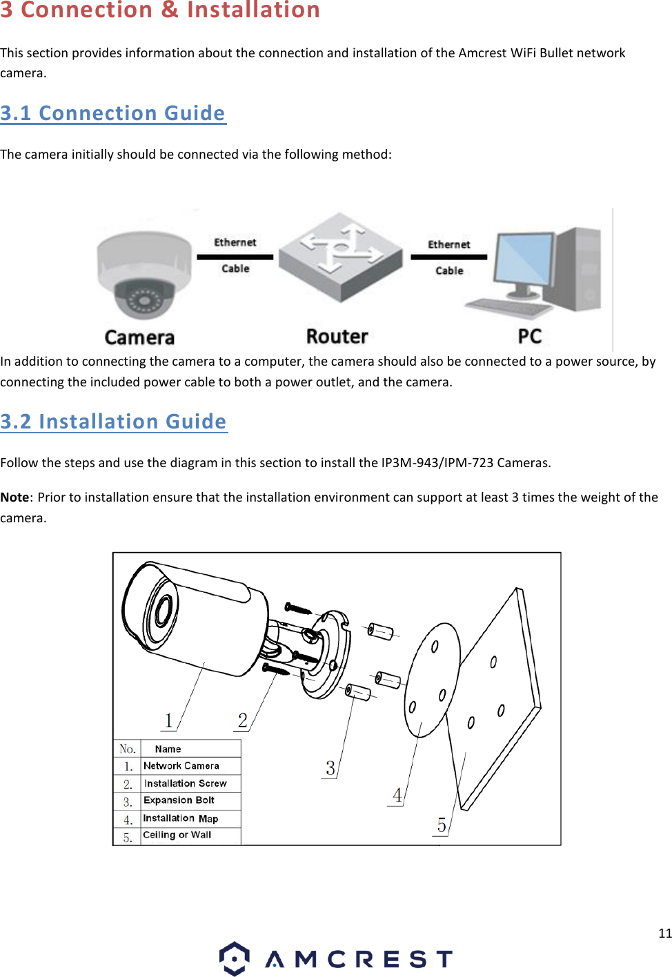 11 3 Connection &amp; Installation This section provides information about the connection and installation of the Amcrest WiFi Bullet network camera. 3.1 Connection Guide The camera initially should be connected via the following method: In addition to connecting the camera to a computer, the camera should also be connected to a power source, by connecting the included power cable to both a power outlet, and the camera. 3.2 Installation Guide Follow the steps and use the diagram in this section to install the IP3M-943/IPM-723 Cameras. Note: Prior to installation ensure that the installation environment can support at least 3 times the weight of the camera. 