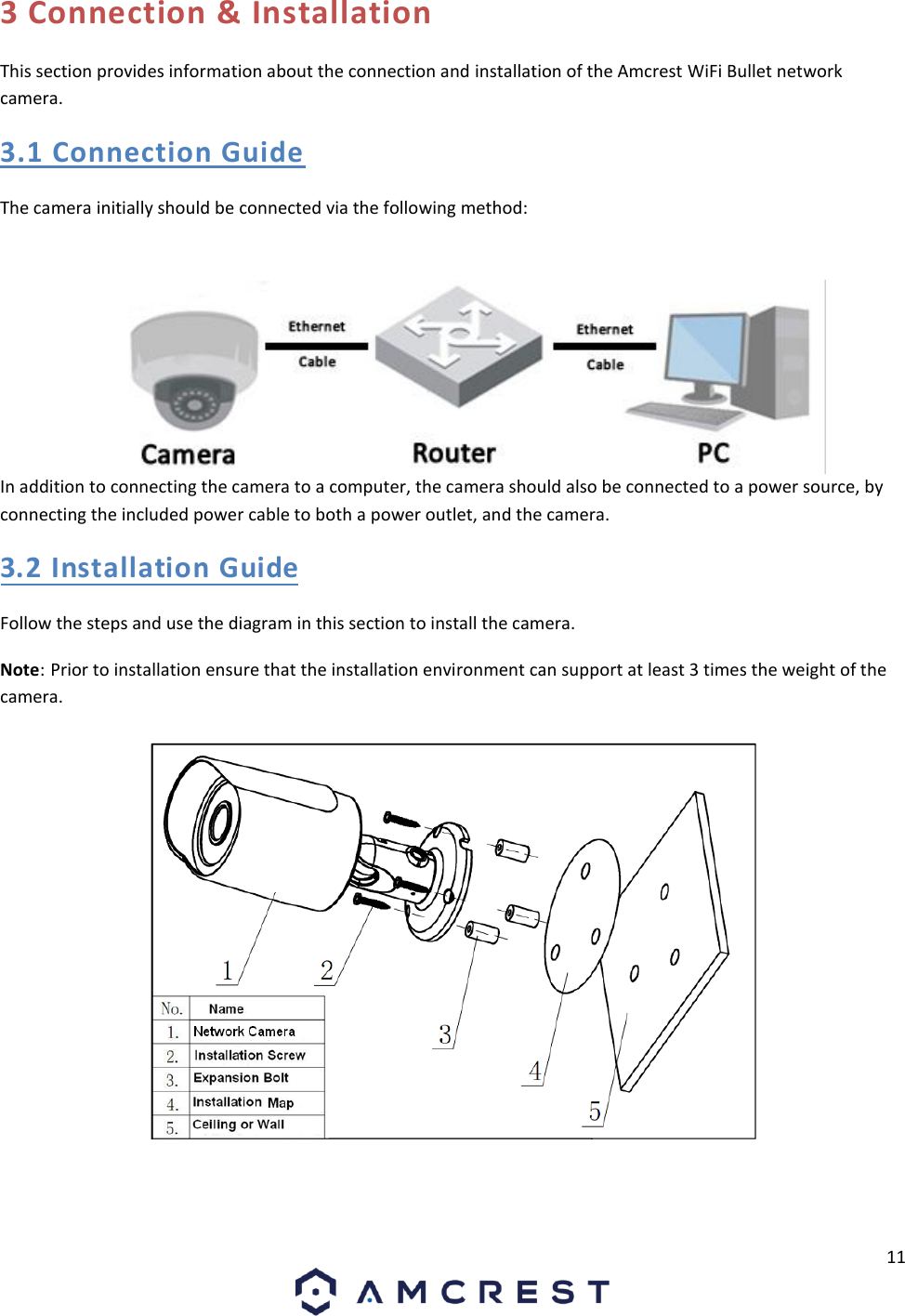 11 3 Connection &amp; Installation This section provides information about the connection and installation of the Amcrest WiFi Bullet network camera. 3.1 Connection Guide The camera initially should be connected via the following method: In addition to connecting the camera to a computer, the camera should also be connected to a power source, by connecting the included power cable to both a power outlet, and the camera. 3.2 Installation Guide Follow the steps and use the diagram in this section to install the camera. Note: Prior to installation ensure that the installation environment can support at least 3 times the weight of the camera. 
