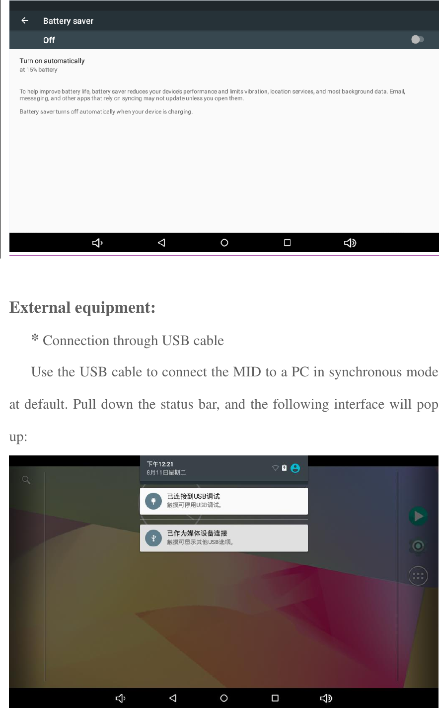    External equipment:   * Connection through USB cable  Use the USB cable to connect the MID to a PC in synchronous mode at default. Pull down the status bar, and the following interface will pop up:        