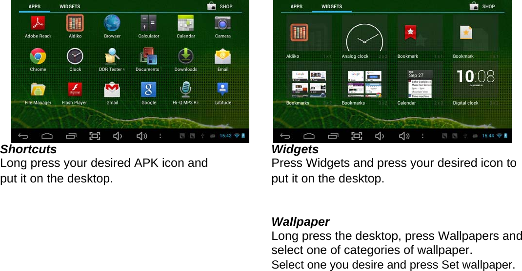                Shortcuts Long press your desired APK icon and put it on the desktop.               Widgets Press Widgets and press your desired icon to put it on the desktop.   Wallpaper Long press the desktop, press Wallpapers and select one of categories of wallpaper.  Select one you desire and press Set wallpaper.    